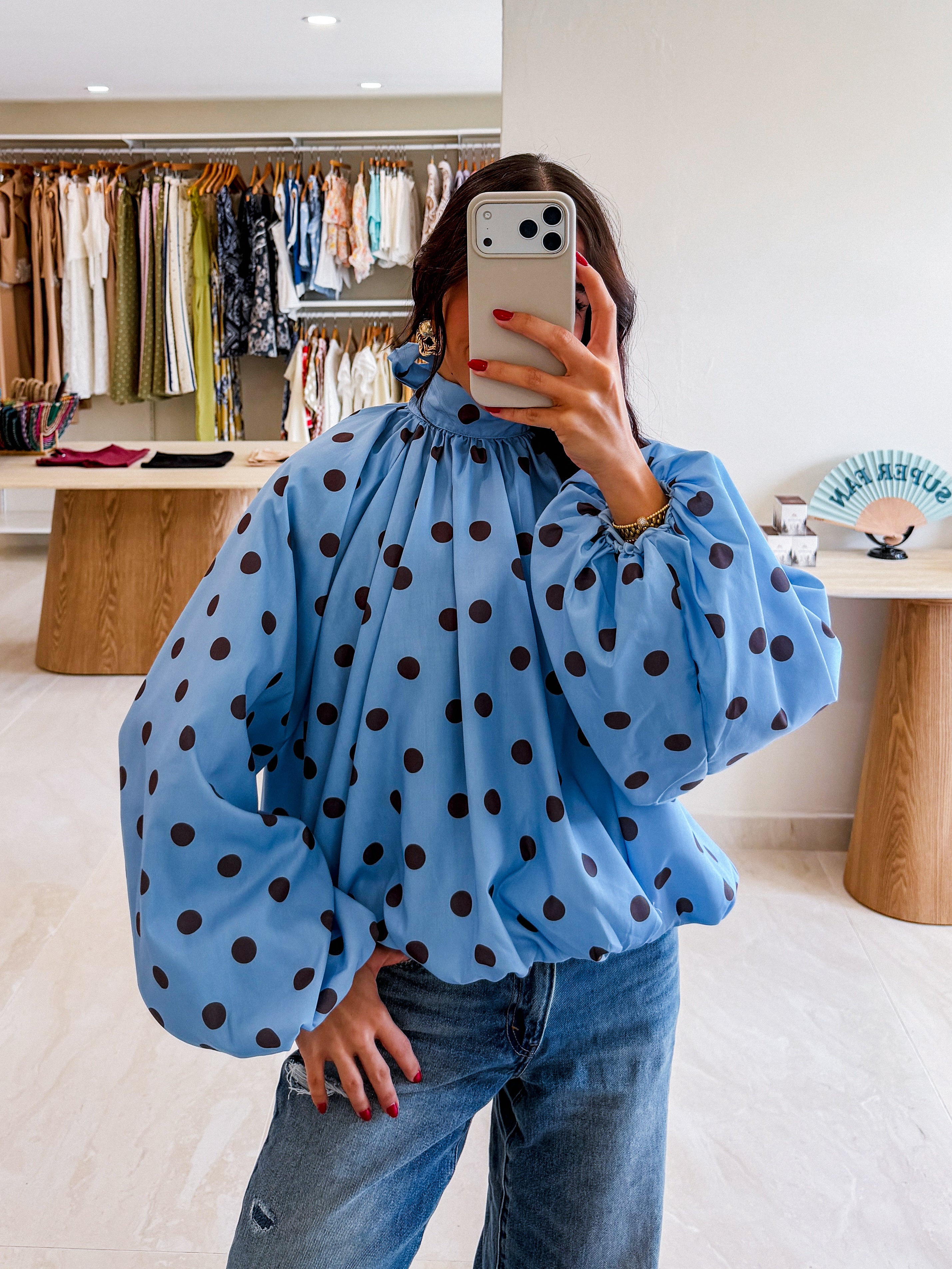 LUCY BLUE/BROWN OPEN BACK POLKA DOT BLOUSE