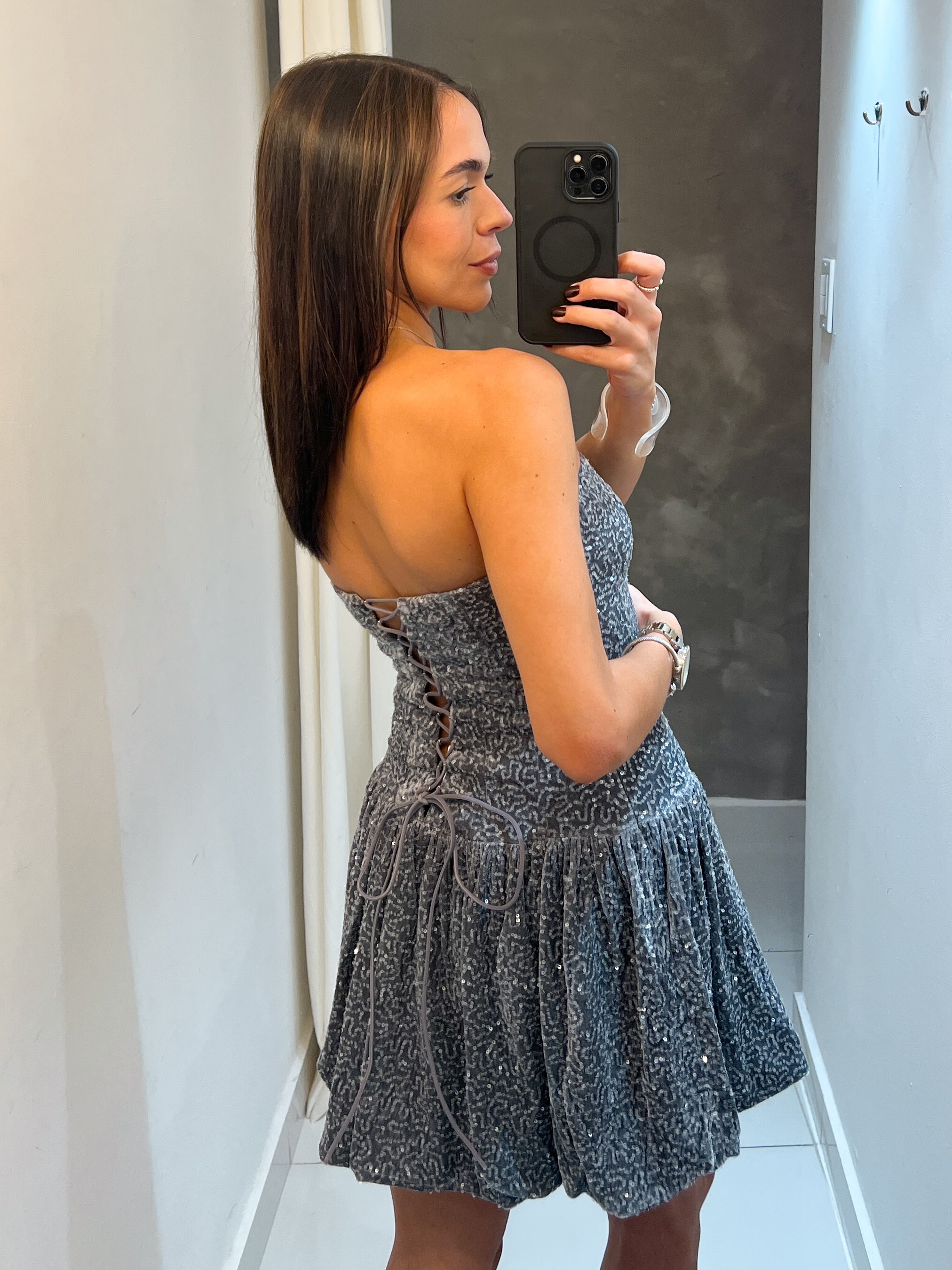 SERENA TIE BACK GREY SEQUIN DRESS