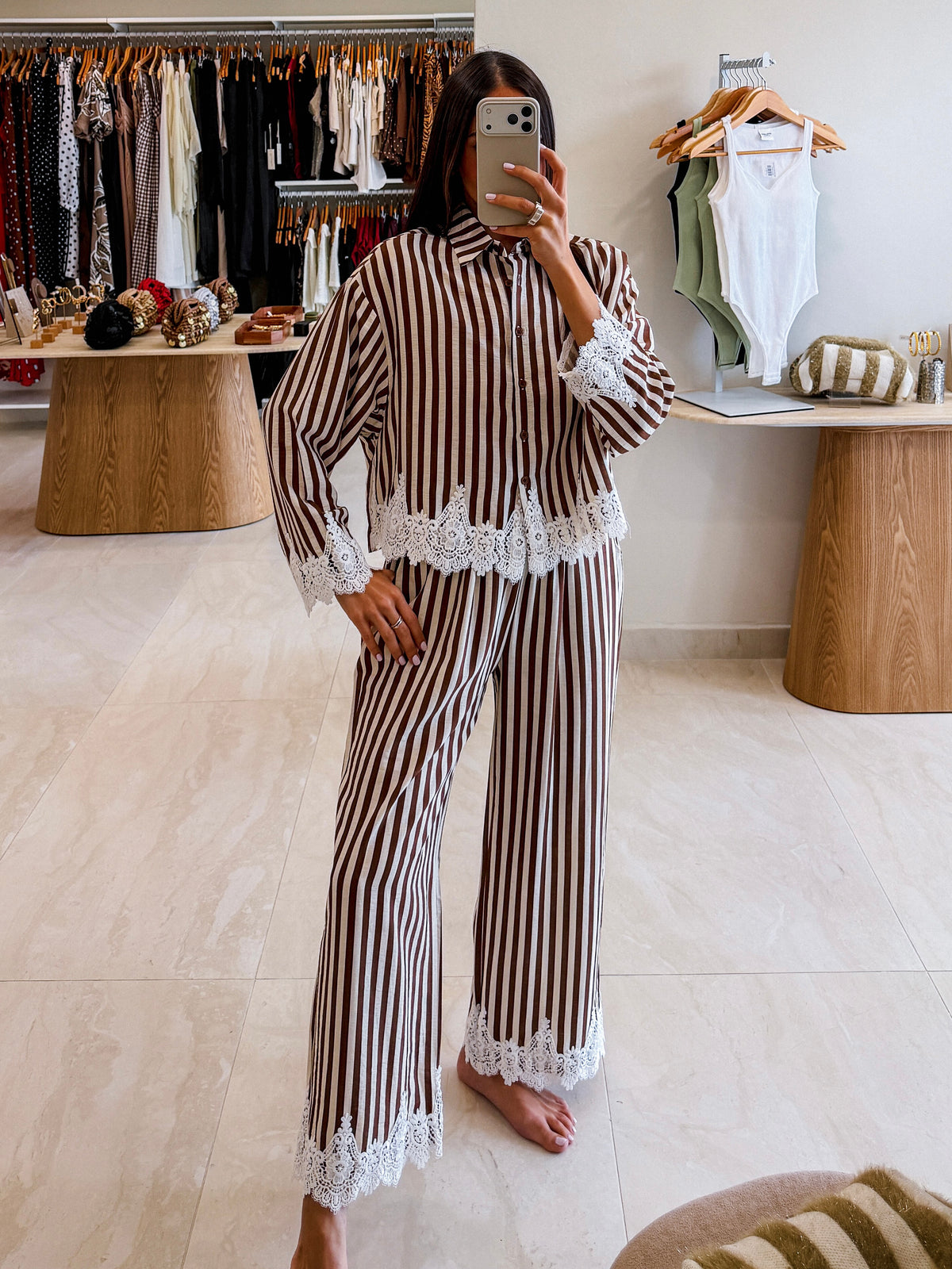 MATILDA MOCHA STRIPED LACE TRIM PANTS SET
