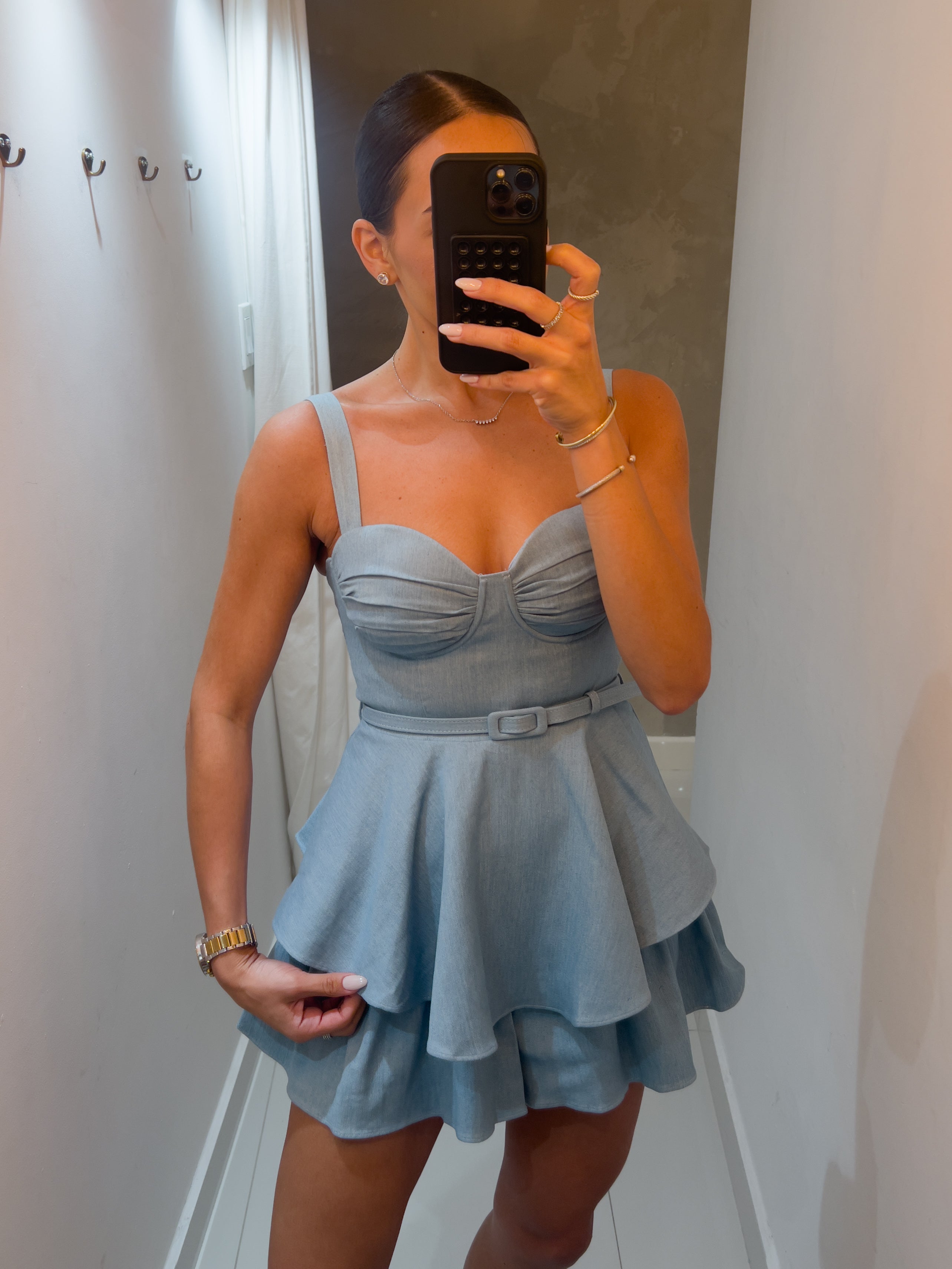LUCIA LIGHT DENIM BELTED ROMPER