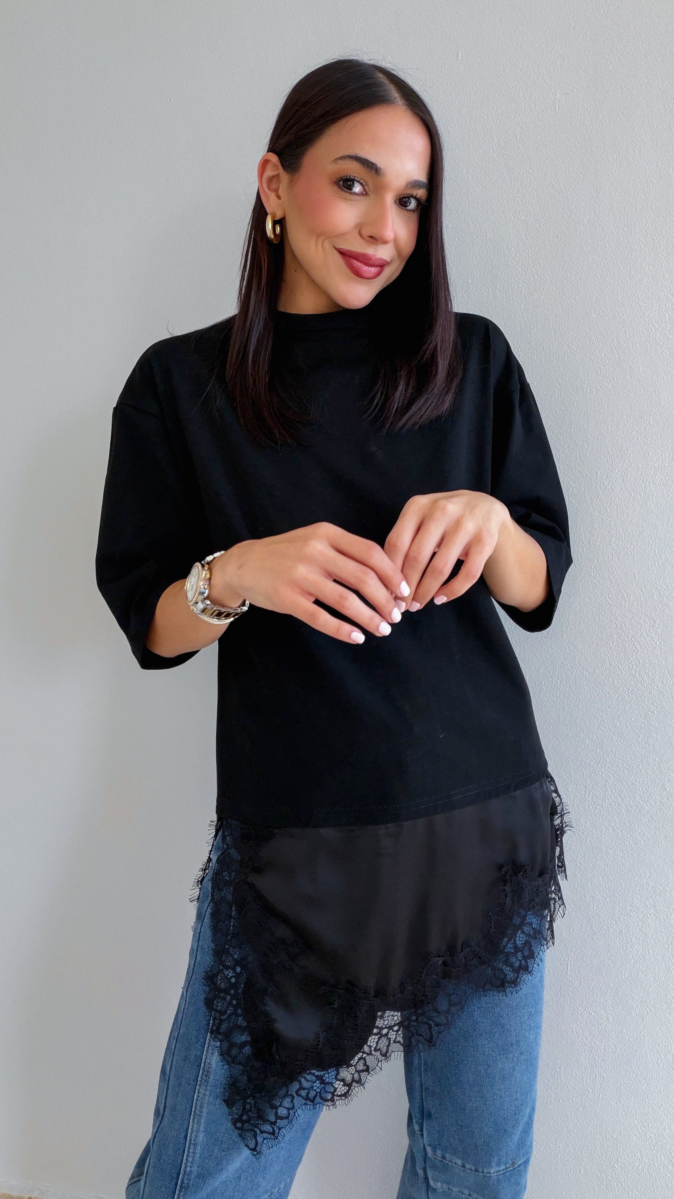 BECCA LACE DETAIL TEE IN BLACK