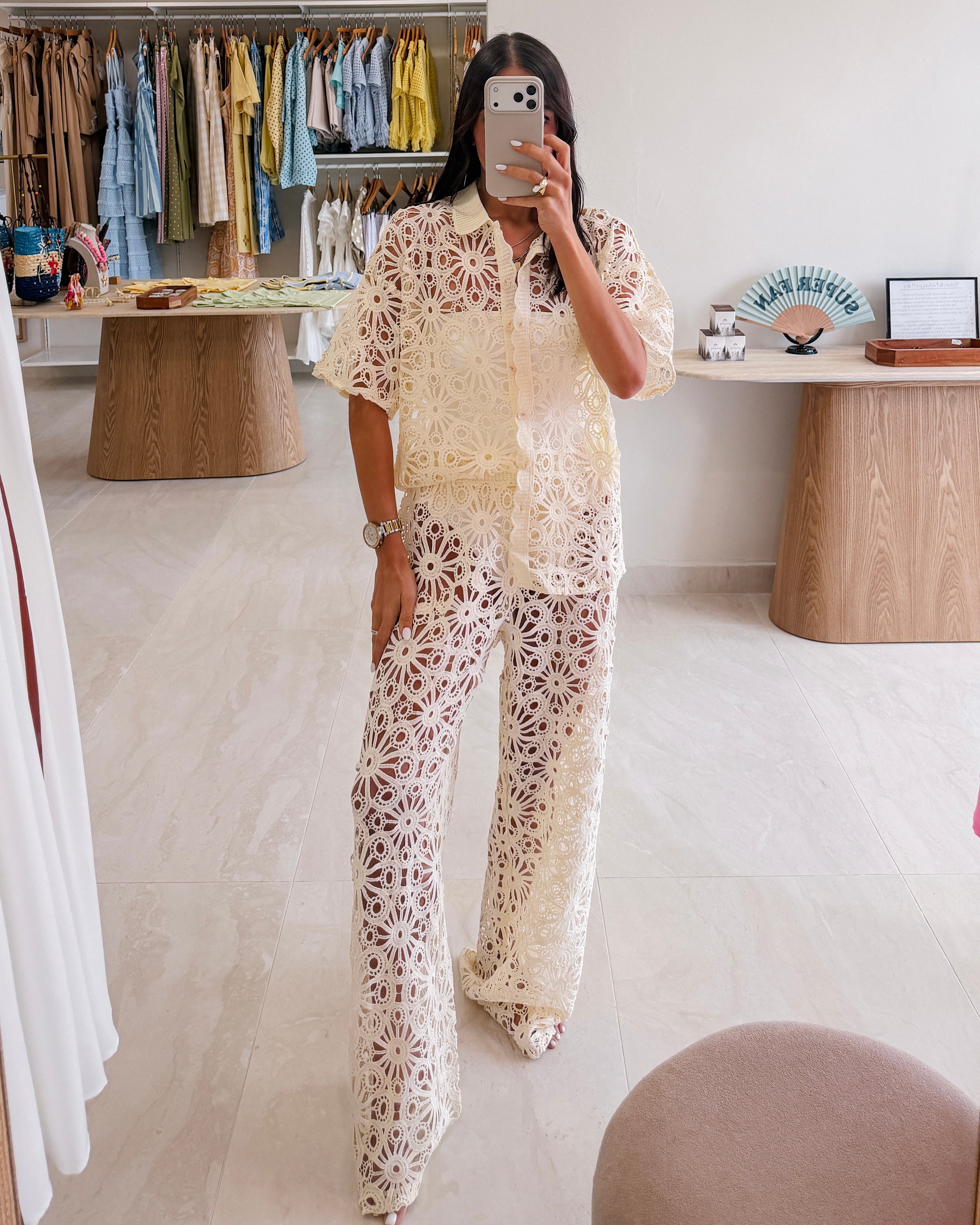 IVORY CROCHET KNIT PANTS SET