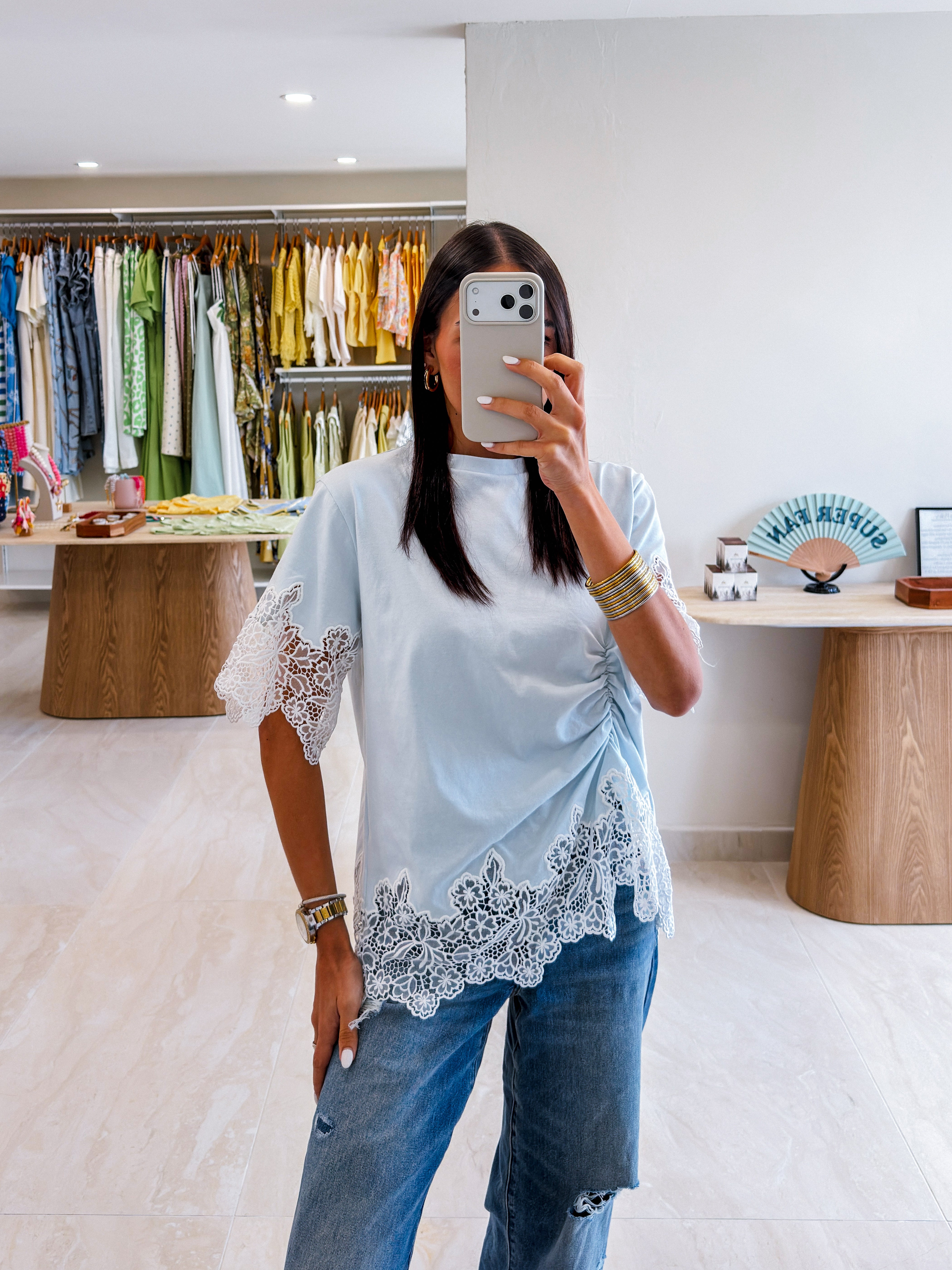MELINA BLUE SCALLOP LACE HEM TEE