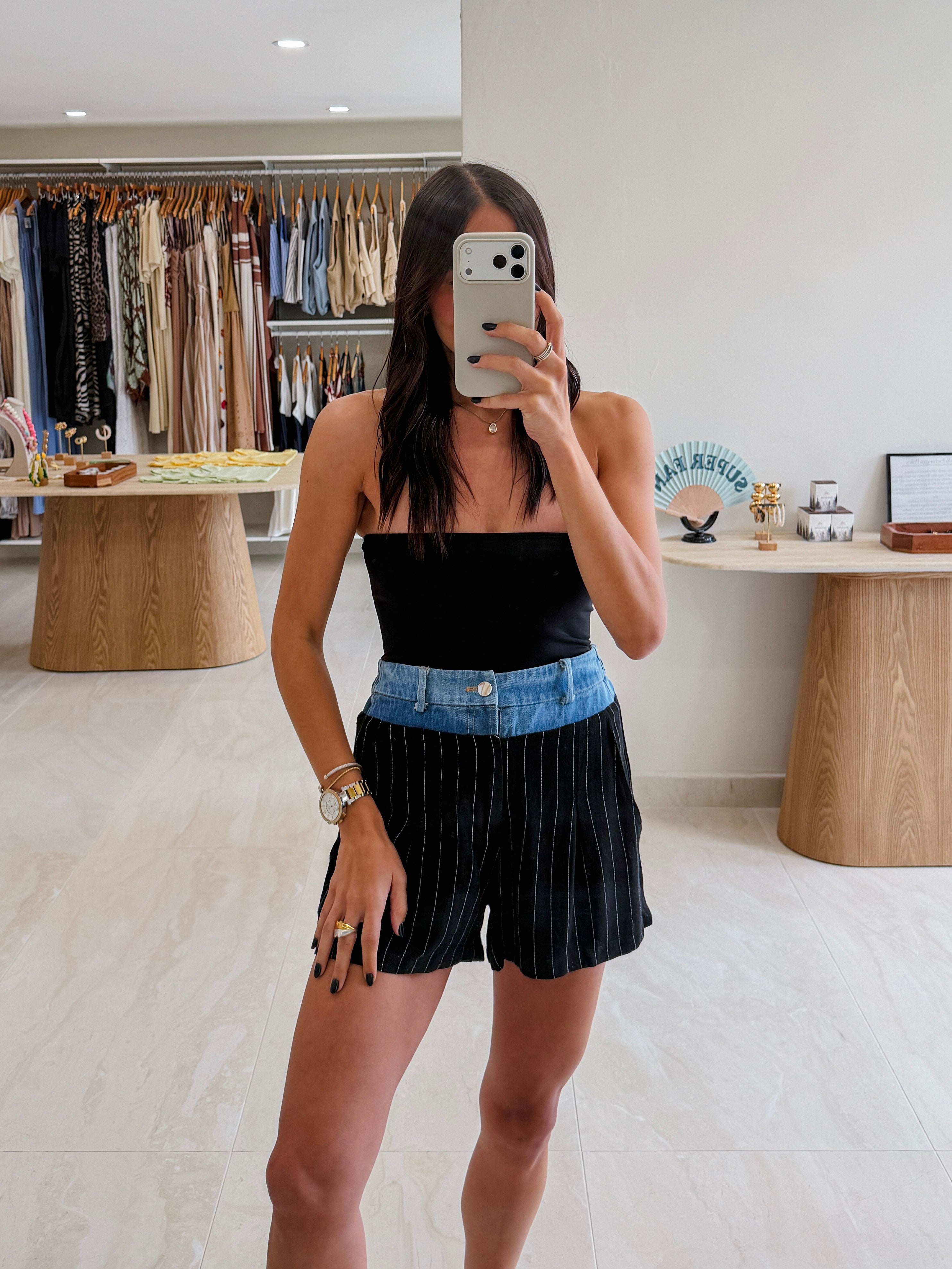 BLACK CONTRAST WAIST PINSTRIPE SHORTS