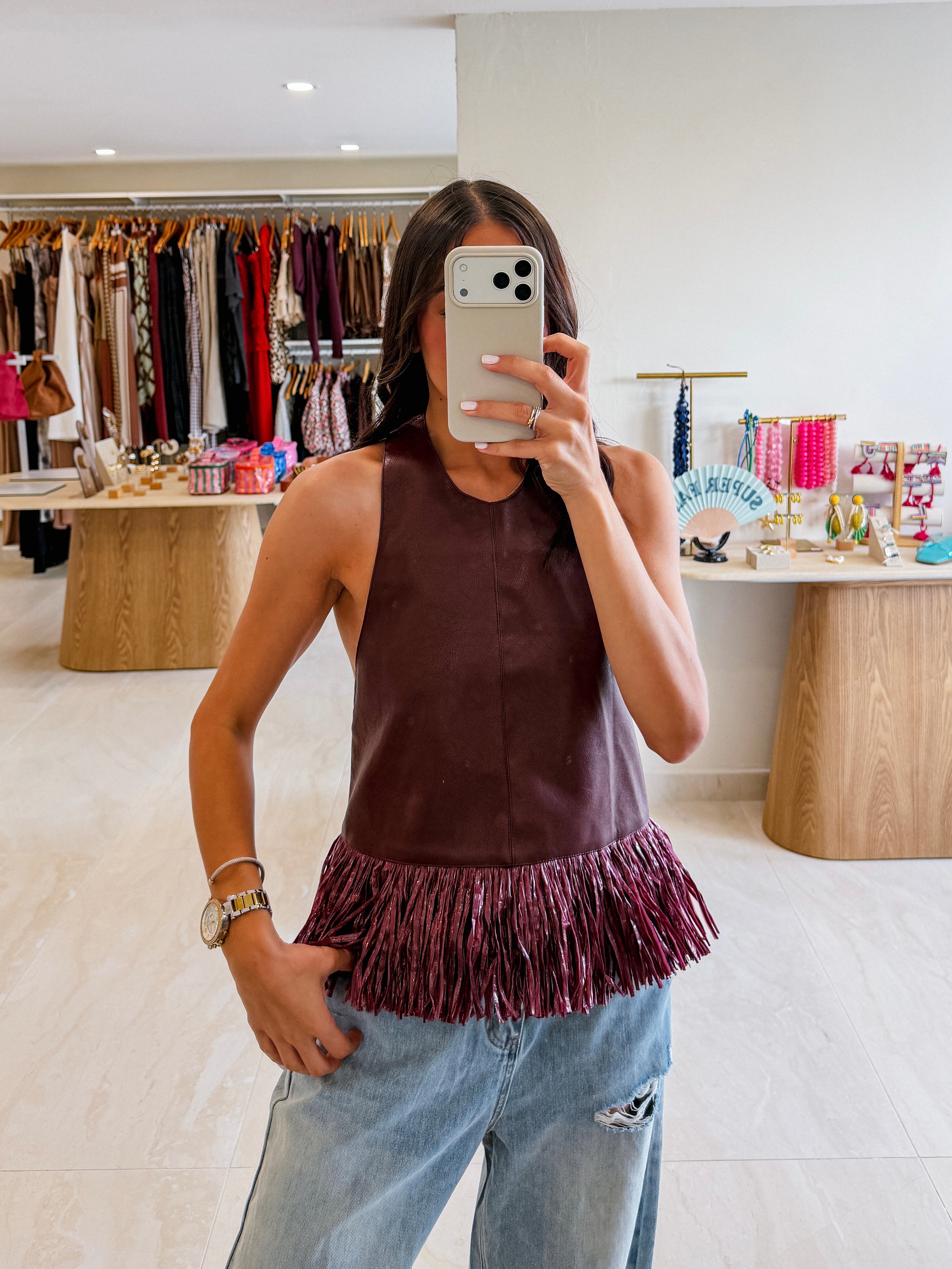 FABIANA BURGUNDY LEATHER FRINGED TOP