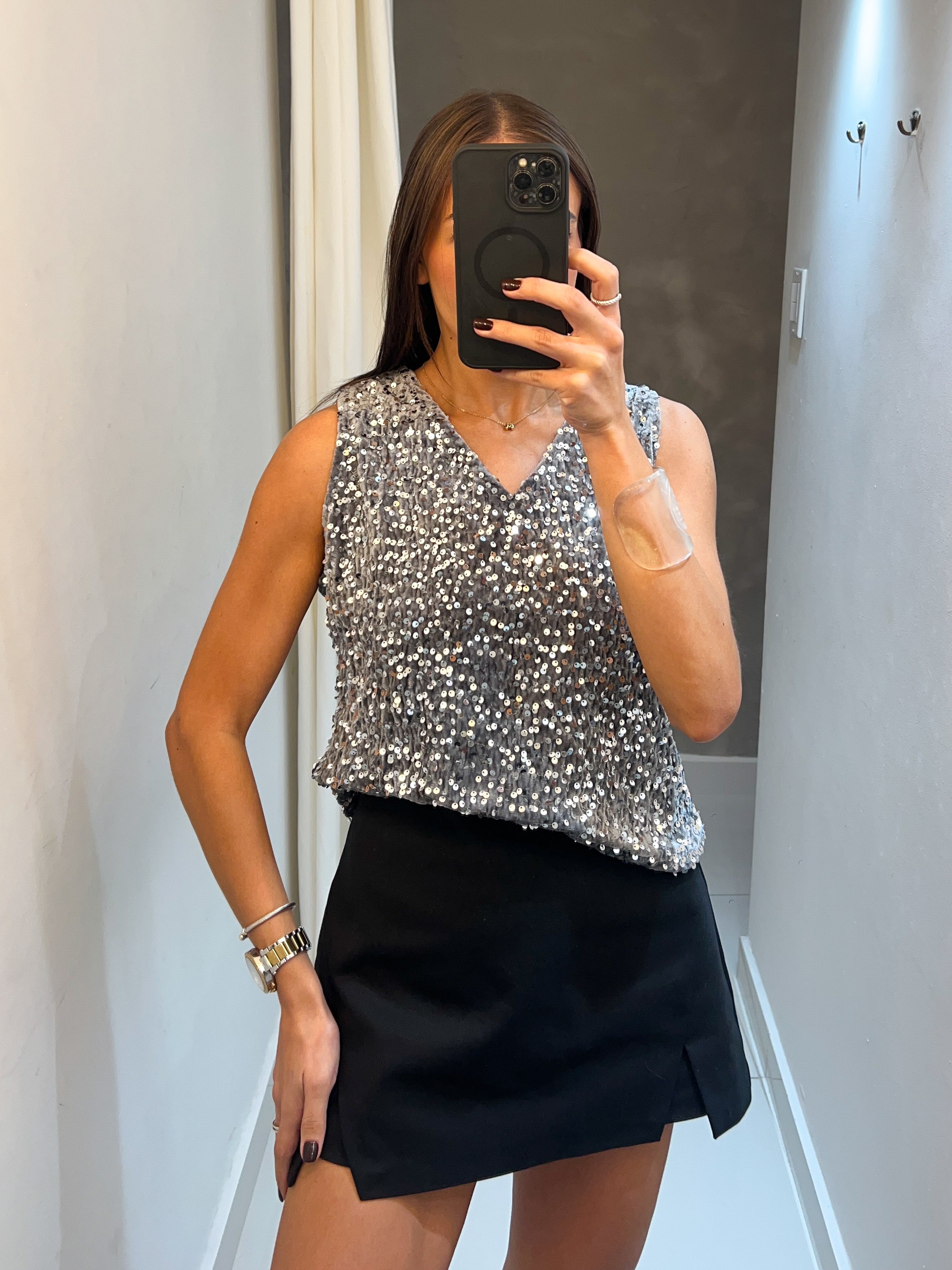 ZAMIRA GREY SILVER SEQUIN VELVET TOP