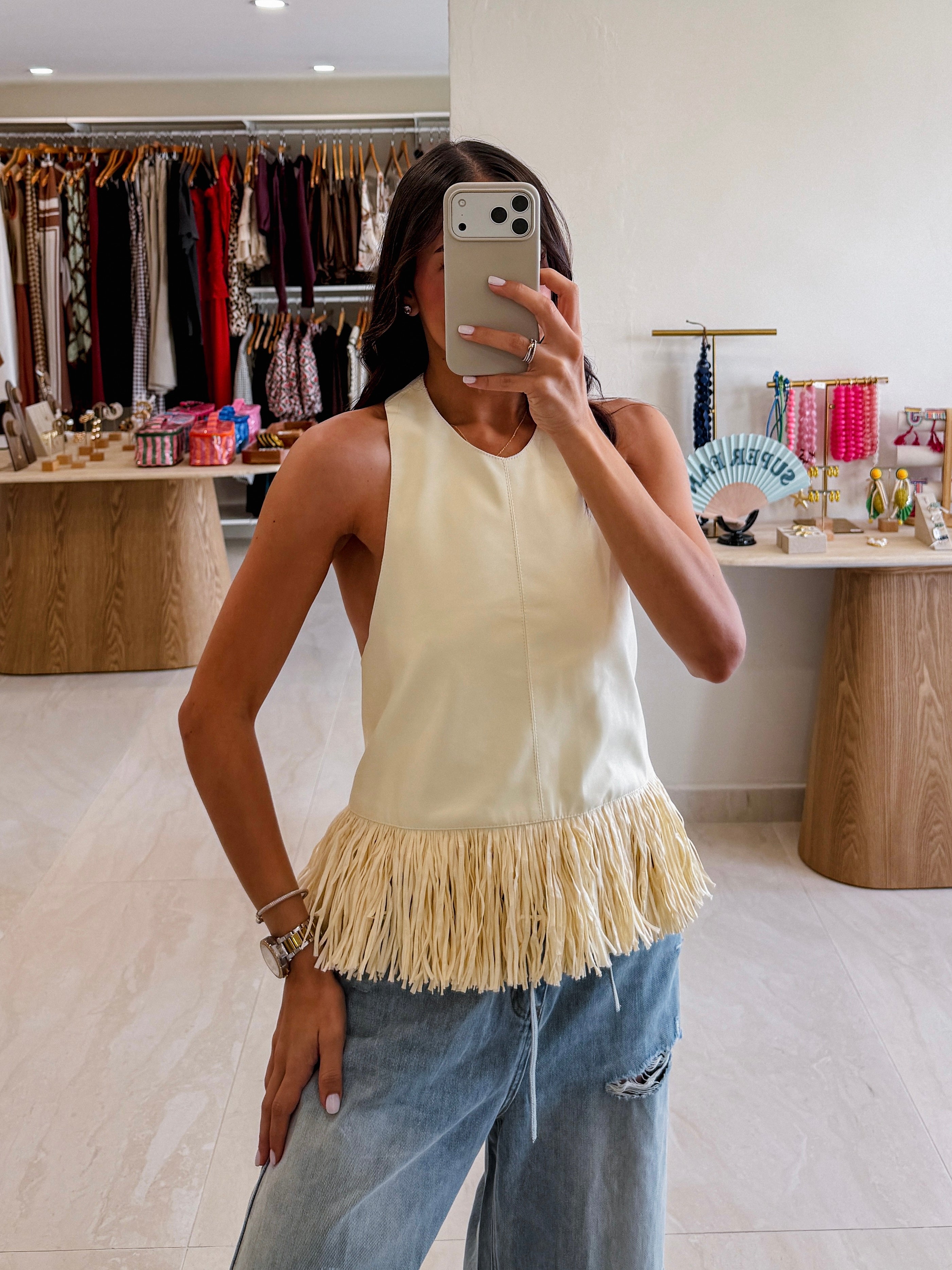 FABIANA IVORY LEATHER FRINGED TOP
