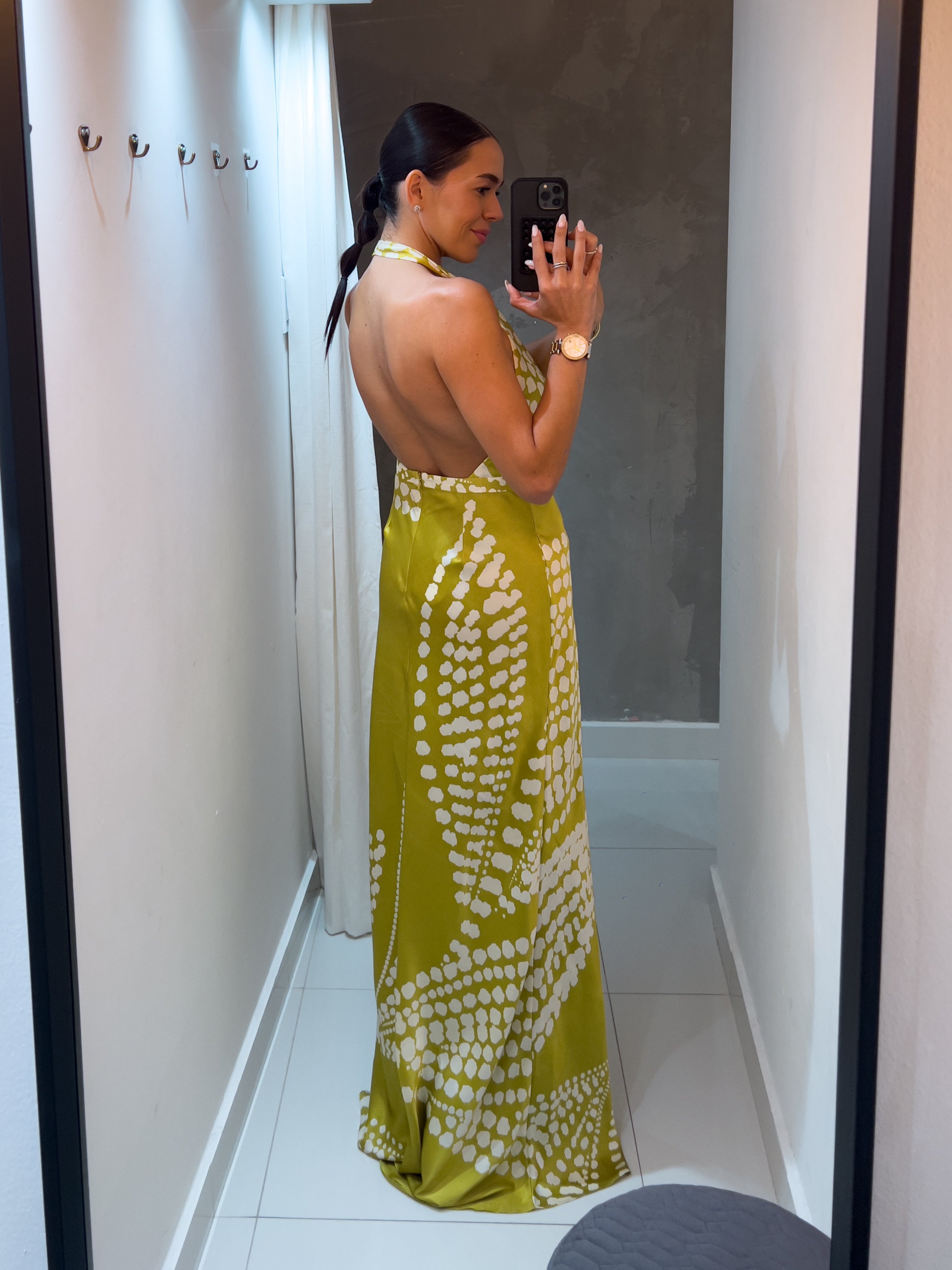 ANTONELLA HALTER SATIN MOSS GREEN MAXI