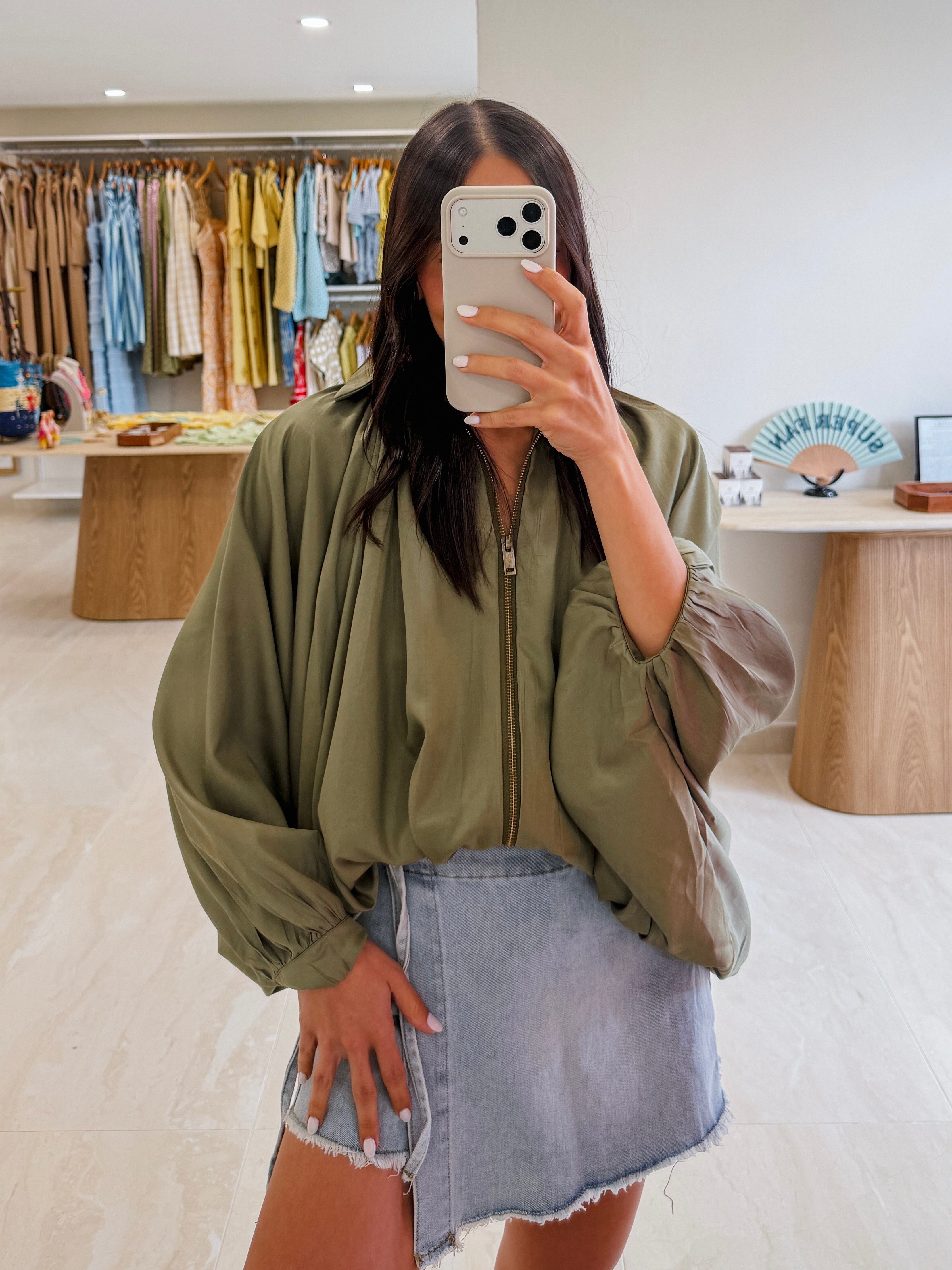 TAMARA OLIVE BUBBLE LONG SLEEVE BLOUSE