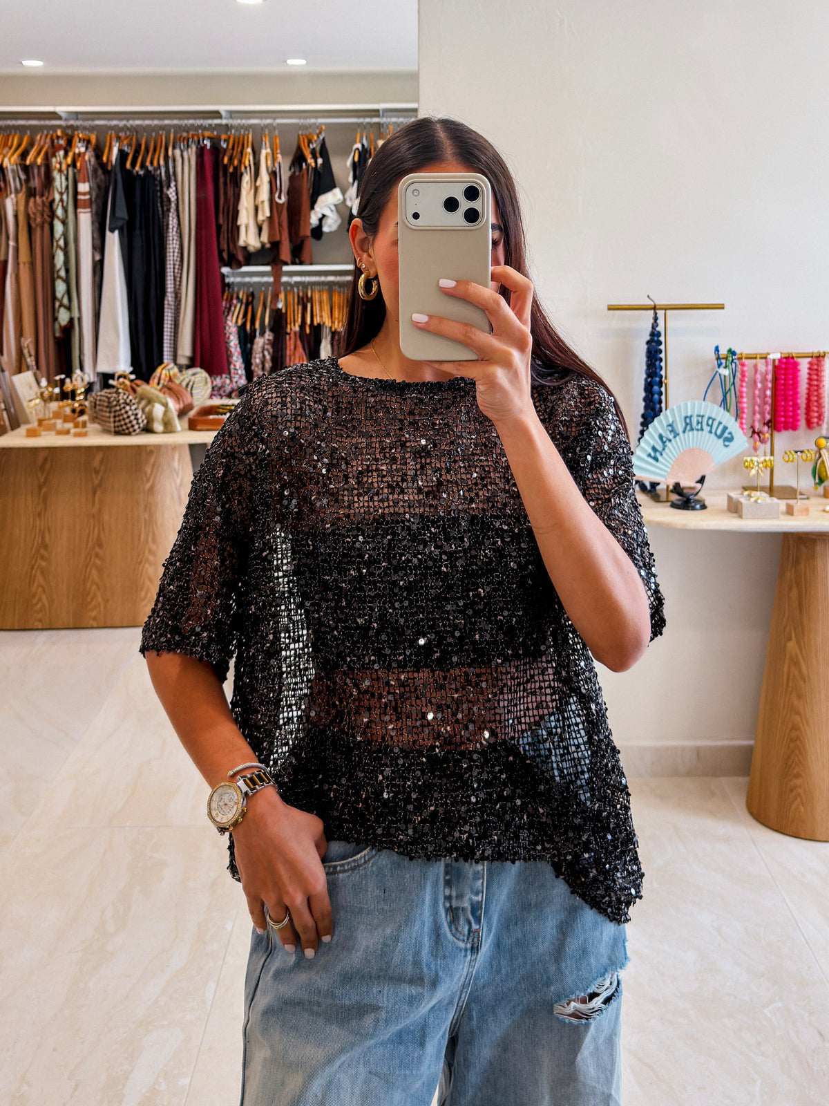QUINN BLACK SEQUIN MESH TOP