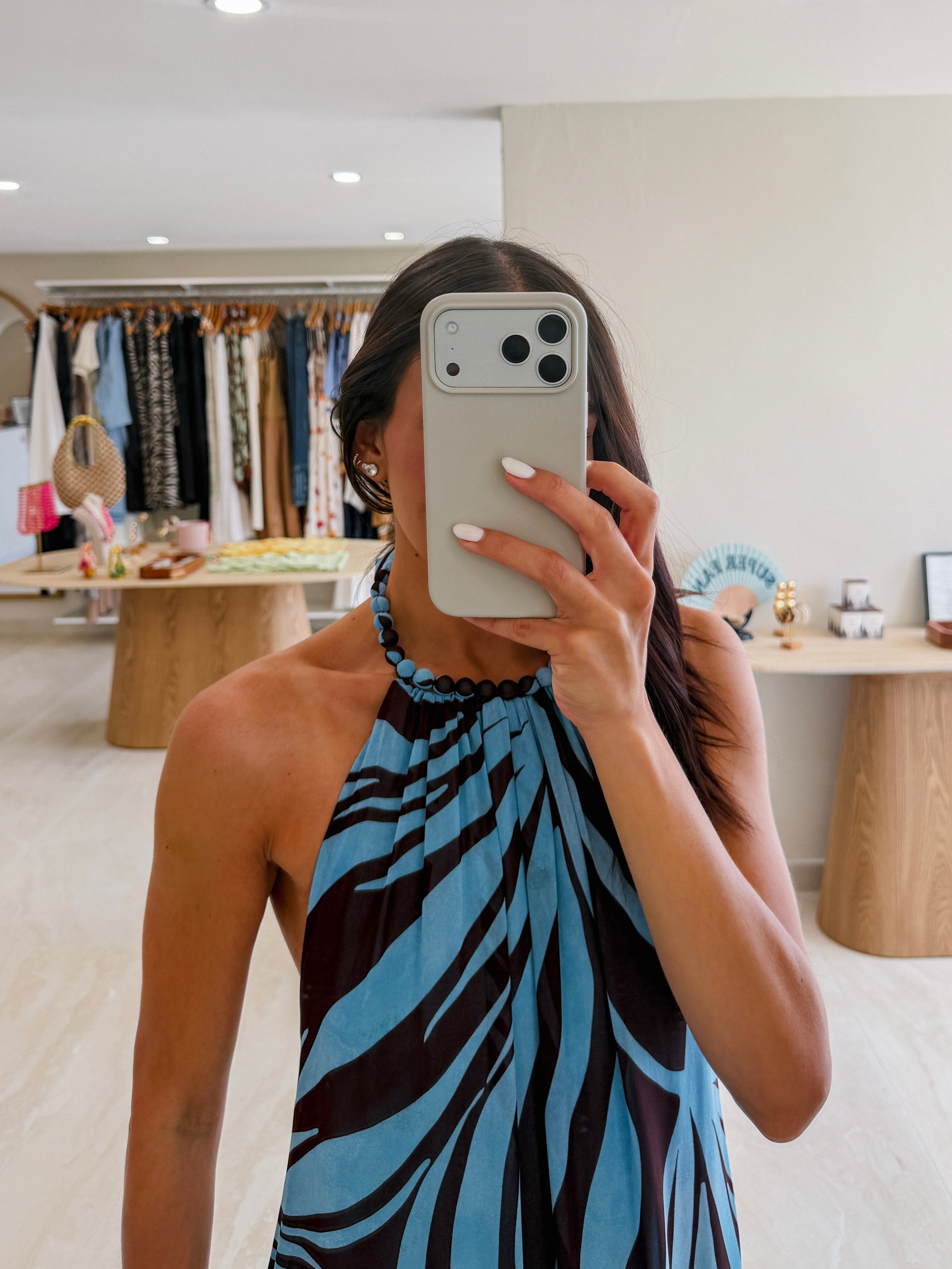 SELENA BLUE/BROWN PRINT MAXI WITH NECK DETAIL