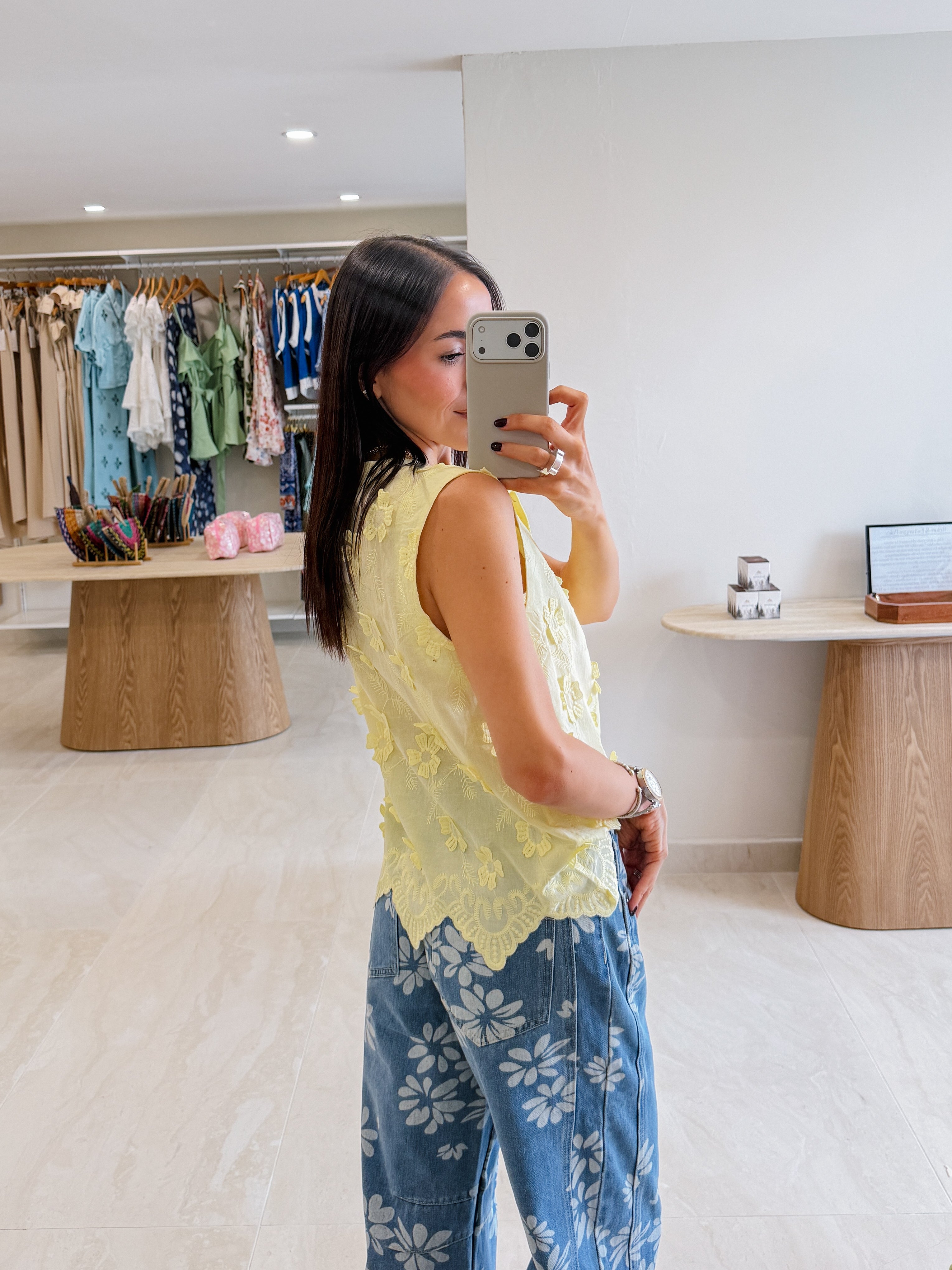 BECCA YELLOW EYELET FLOWER EMBROIDERY BLOUSE