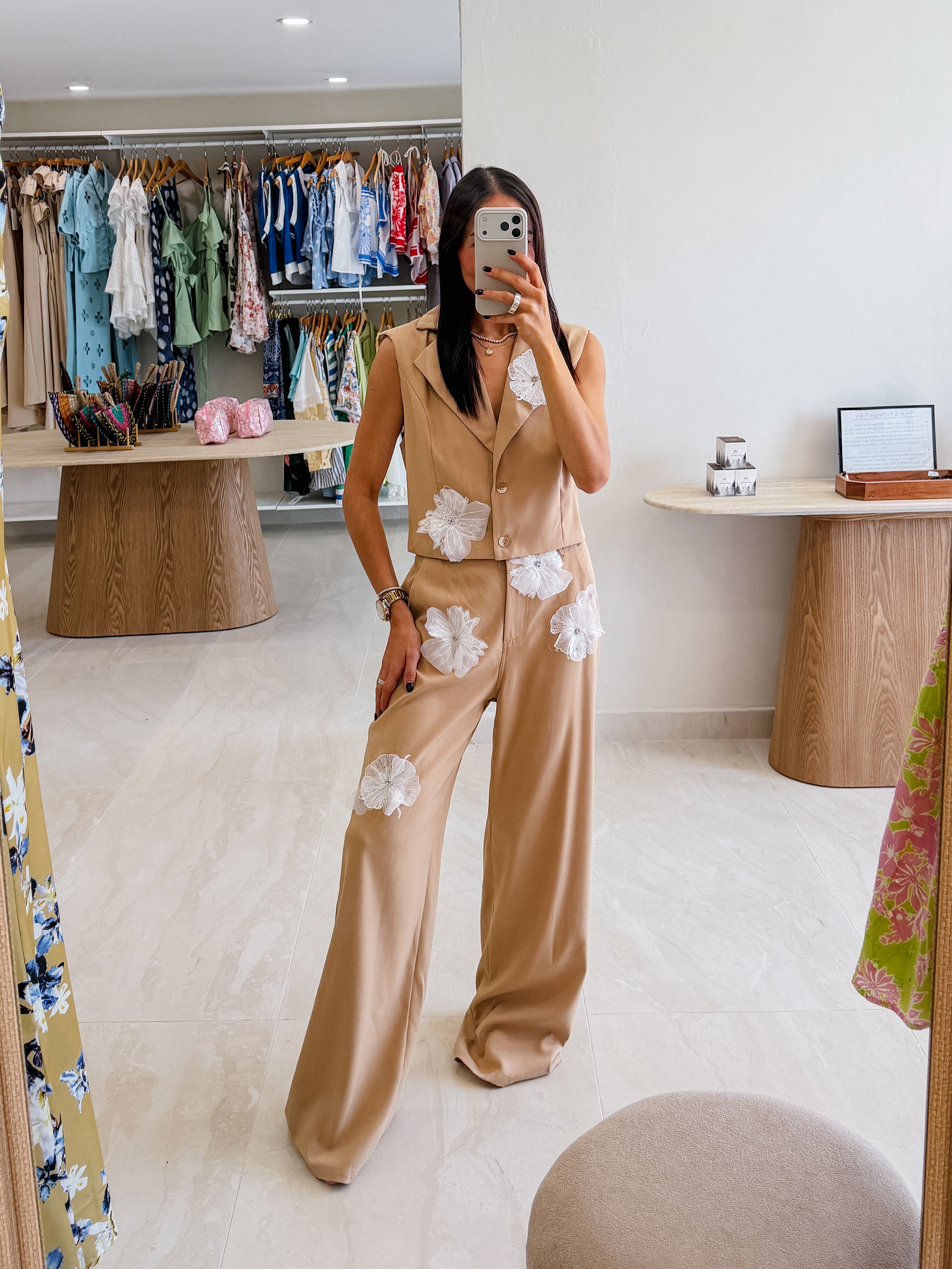 MARGO KHAKI FLOWER DETAIL CROP VEST SET