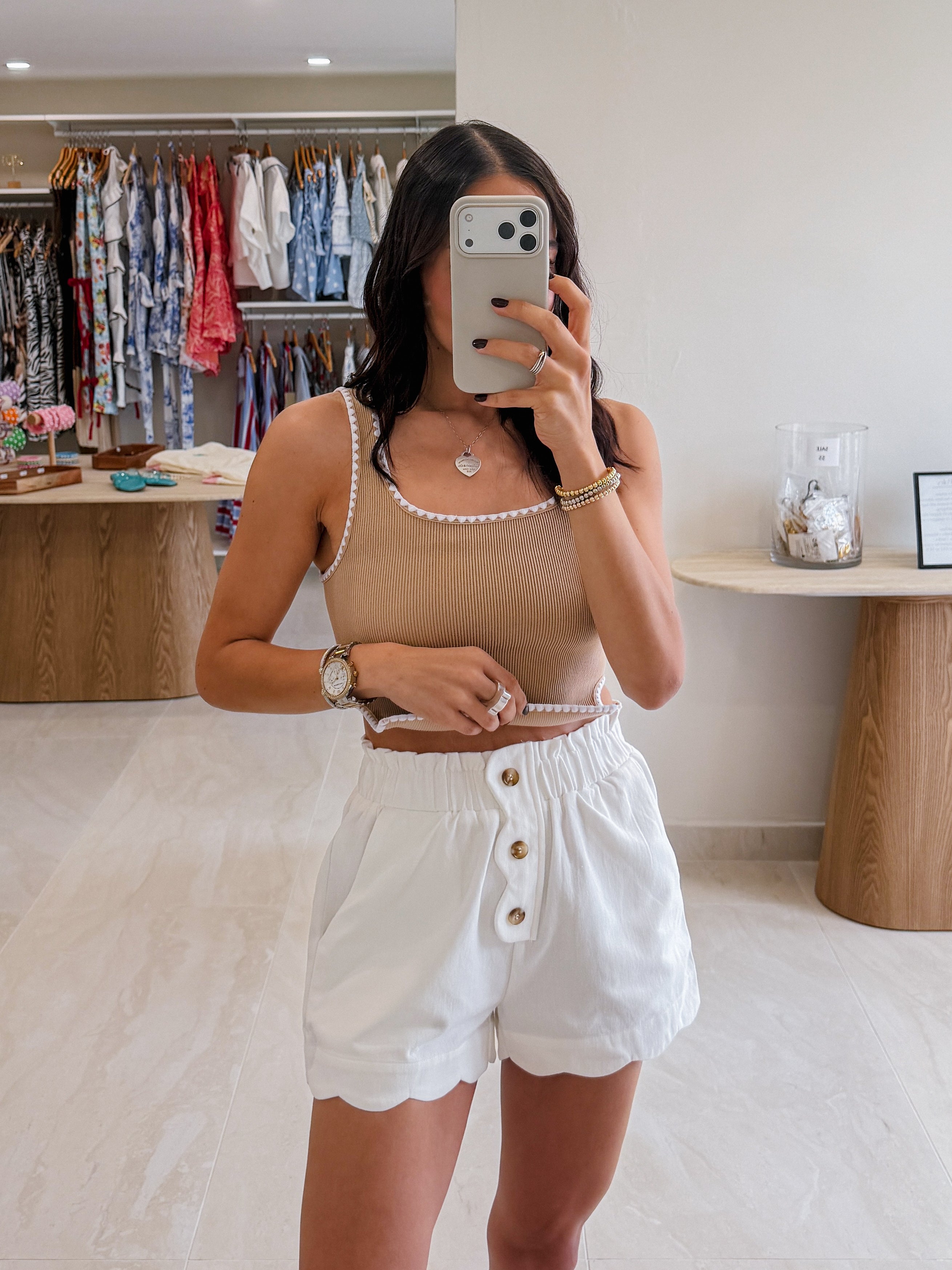 STELLA SCALLOPED DENIM SHORTS IN WHITE