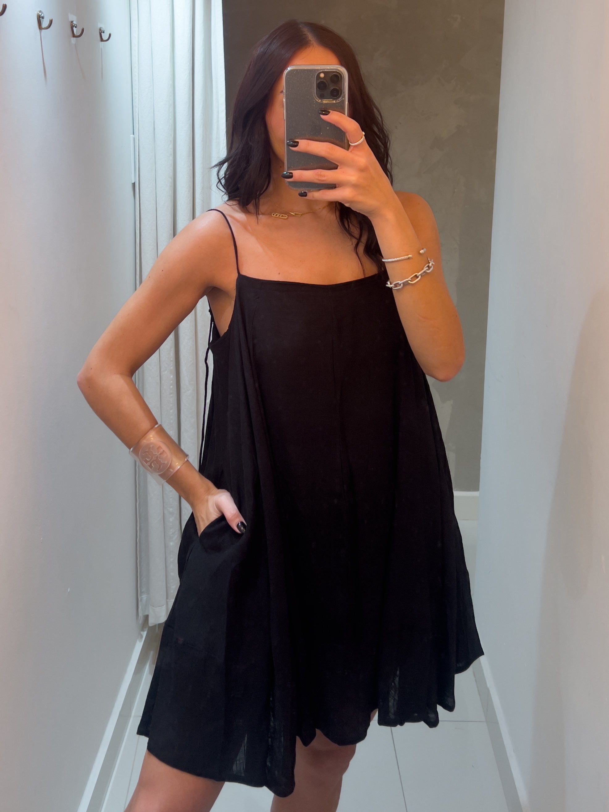 IZZIE A LINE WOVEN BLACK DRESS