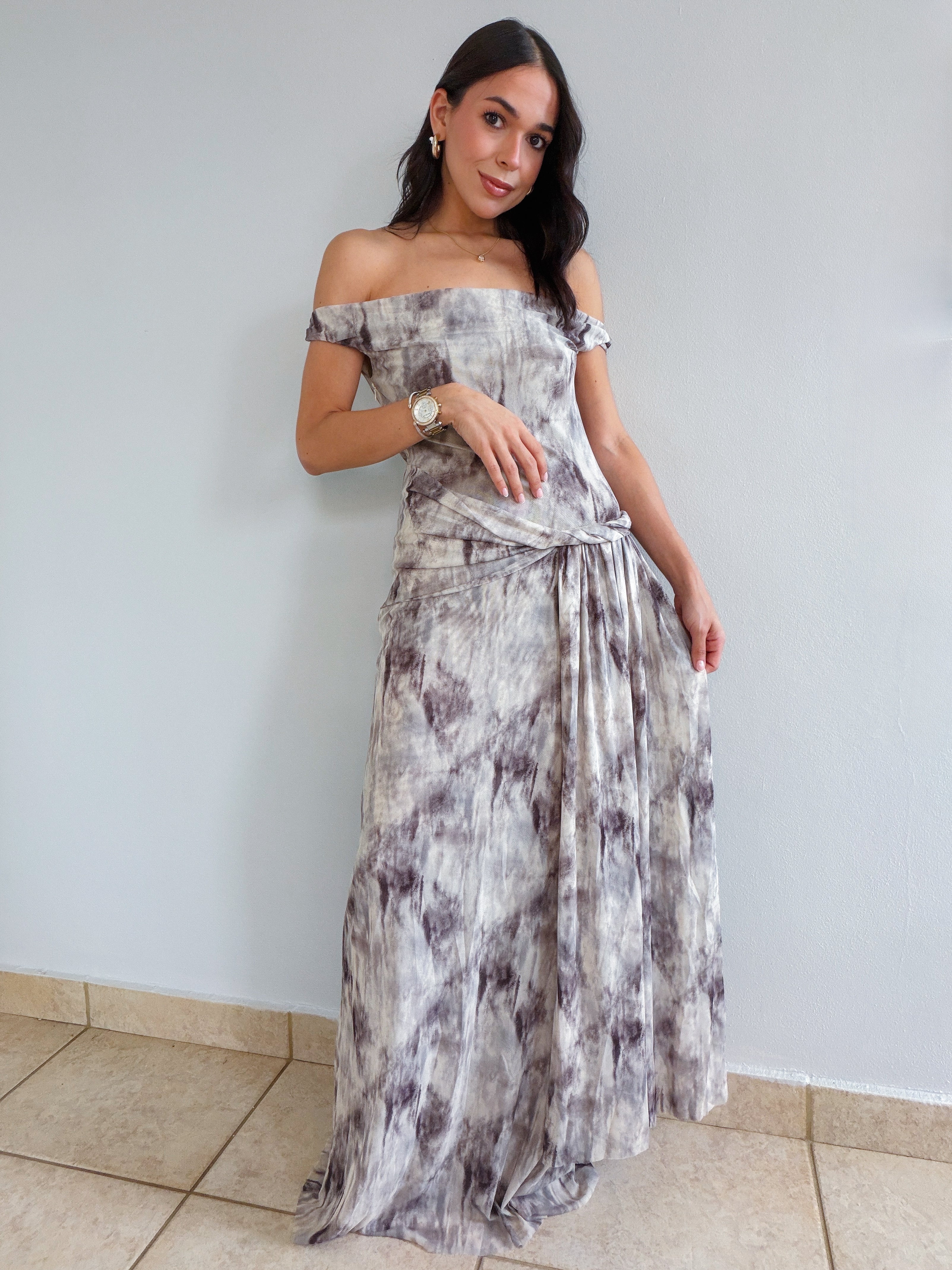 AMARA MULTI IVORY MESH DRAPED DRESS