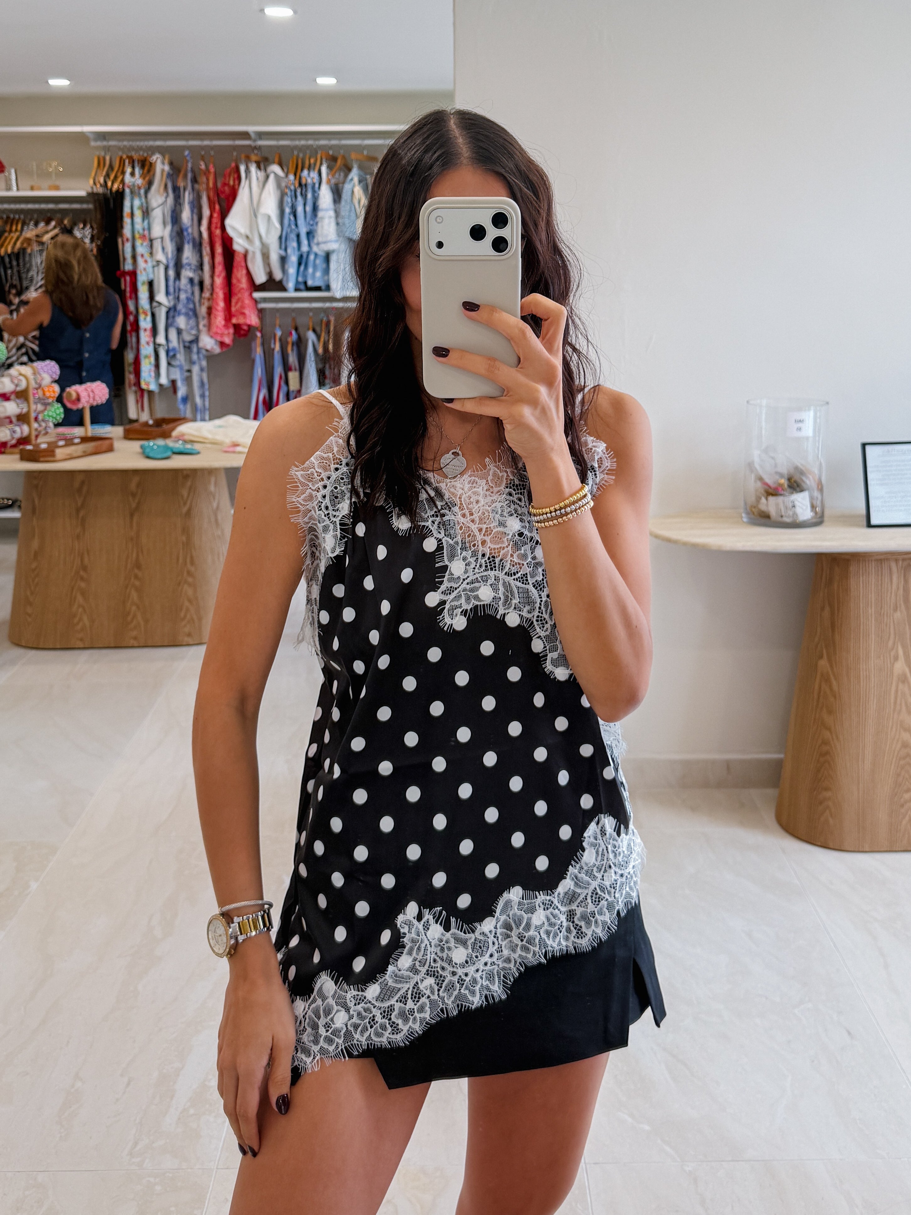 TATIANA LACE/SILK POLKA DOT CAMI IN BLACK