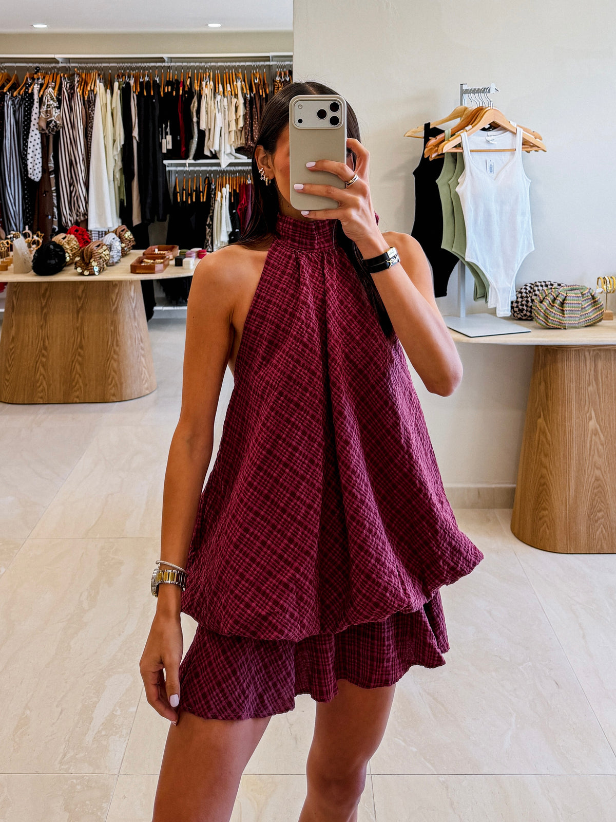 SASHA PLAID HALTER BUBBLE MINI DRESS