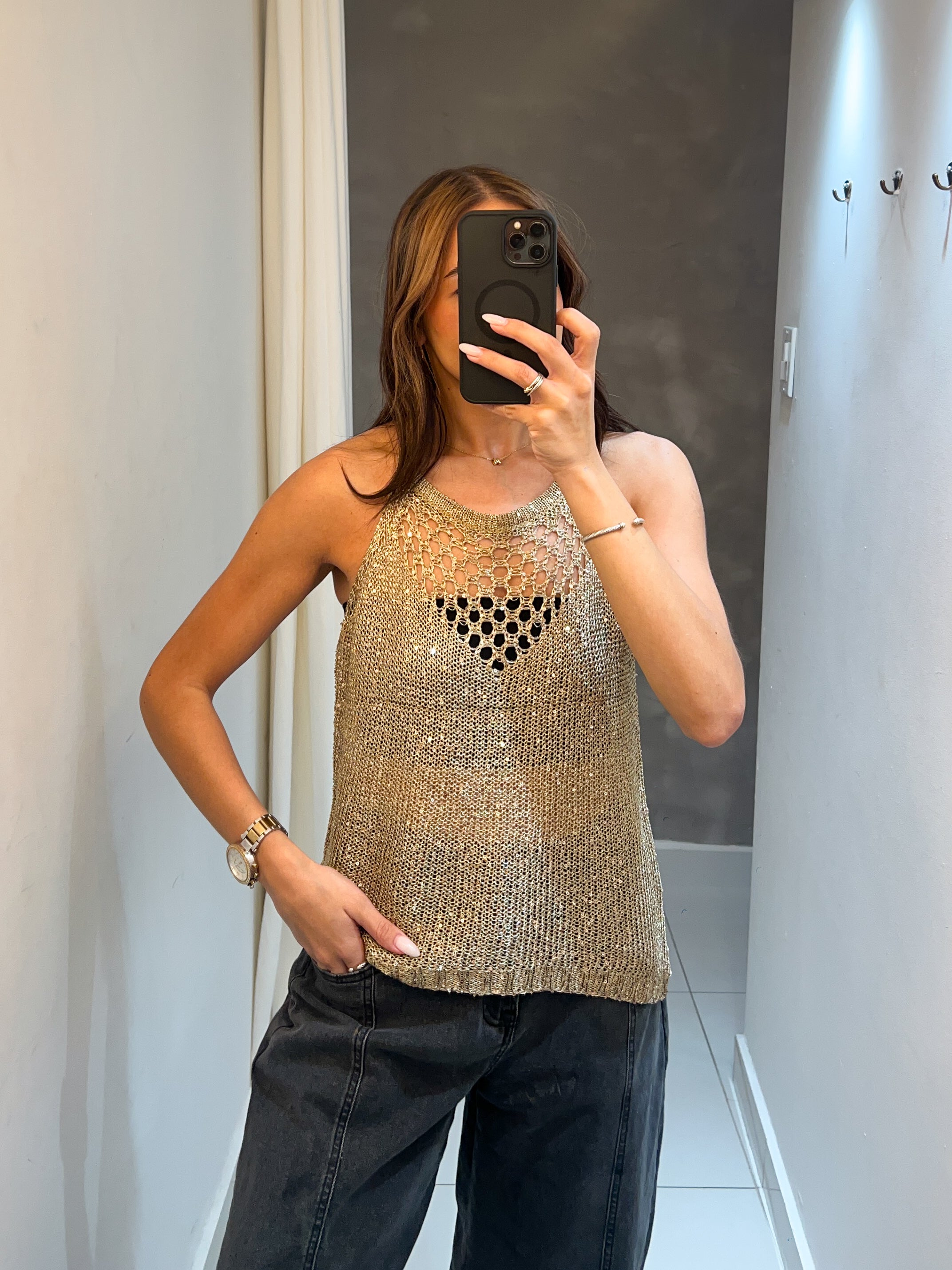 SOFIA KNIT SEQUINS TOP IN GOLD