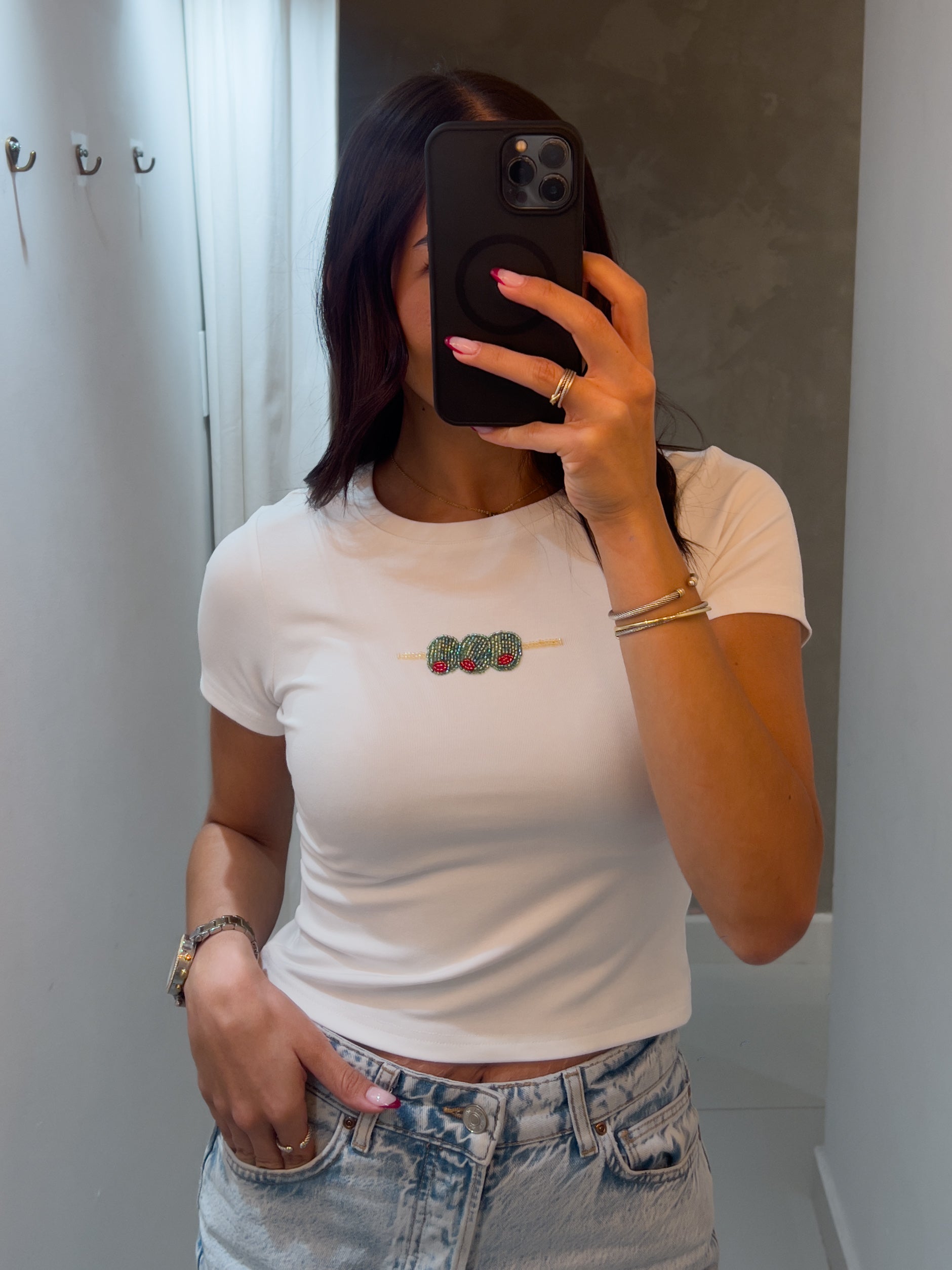 MARTINI TIME BEADED TEE IN WHITE