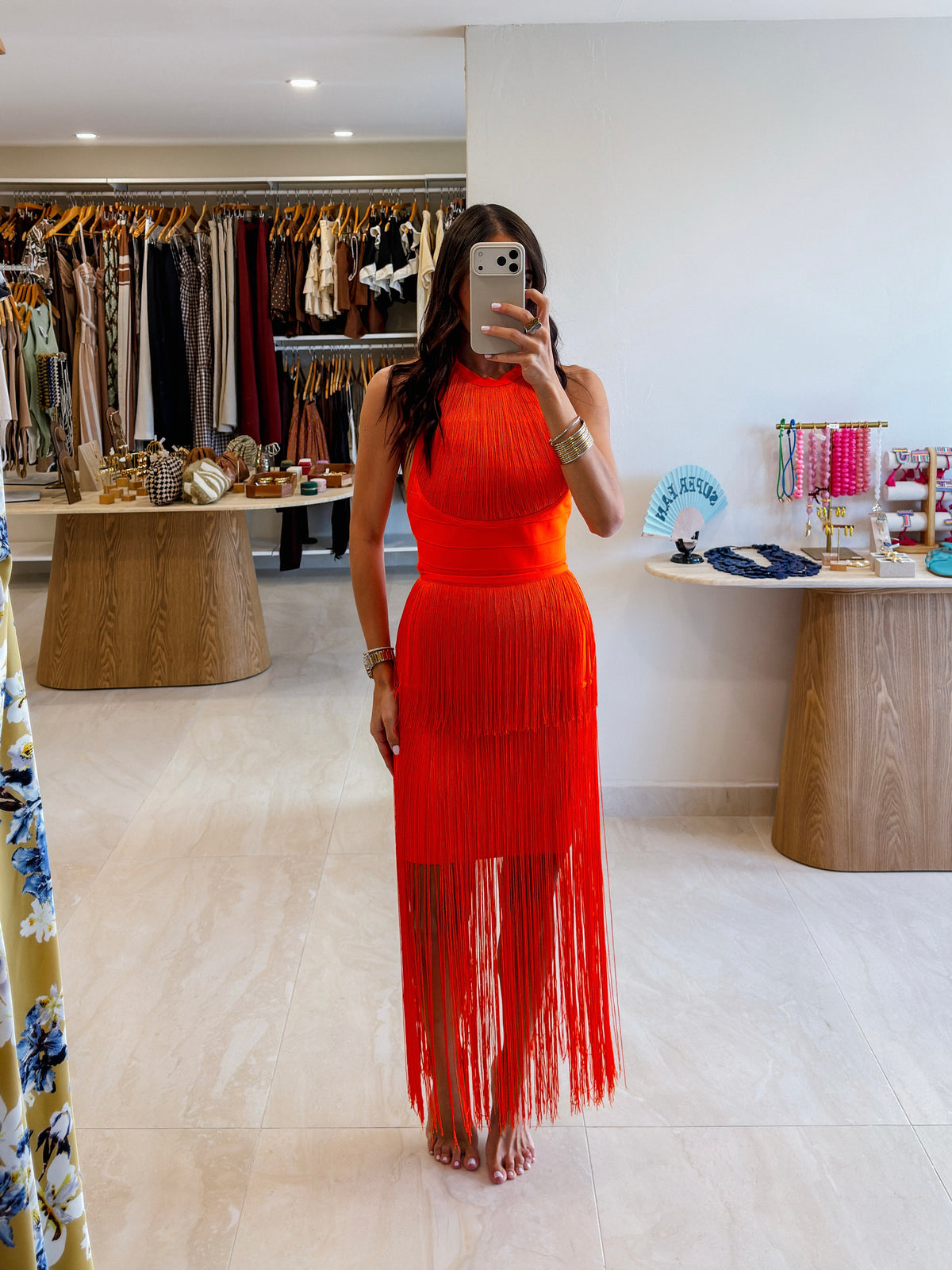 AVERY FRINGE ORANGE STATEMENT BANDAGE DRESS