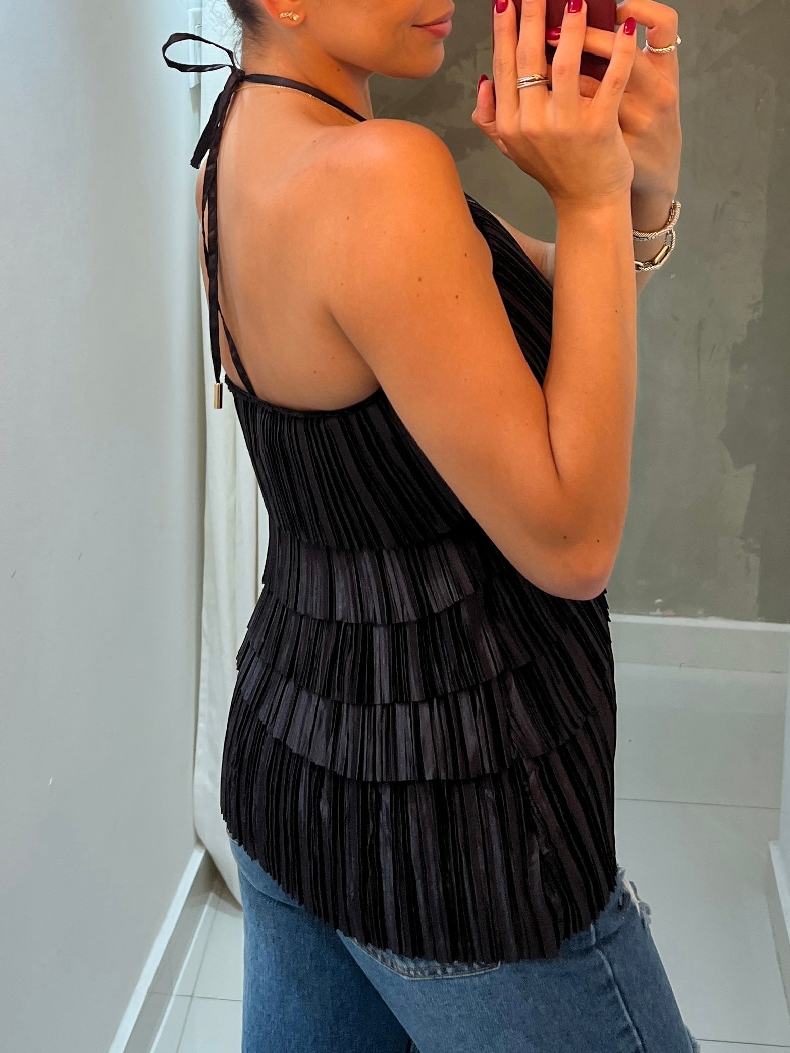 FABIANA PLEATED HALTER TOP IN BLACK