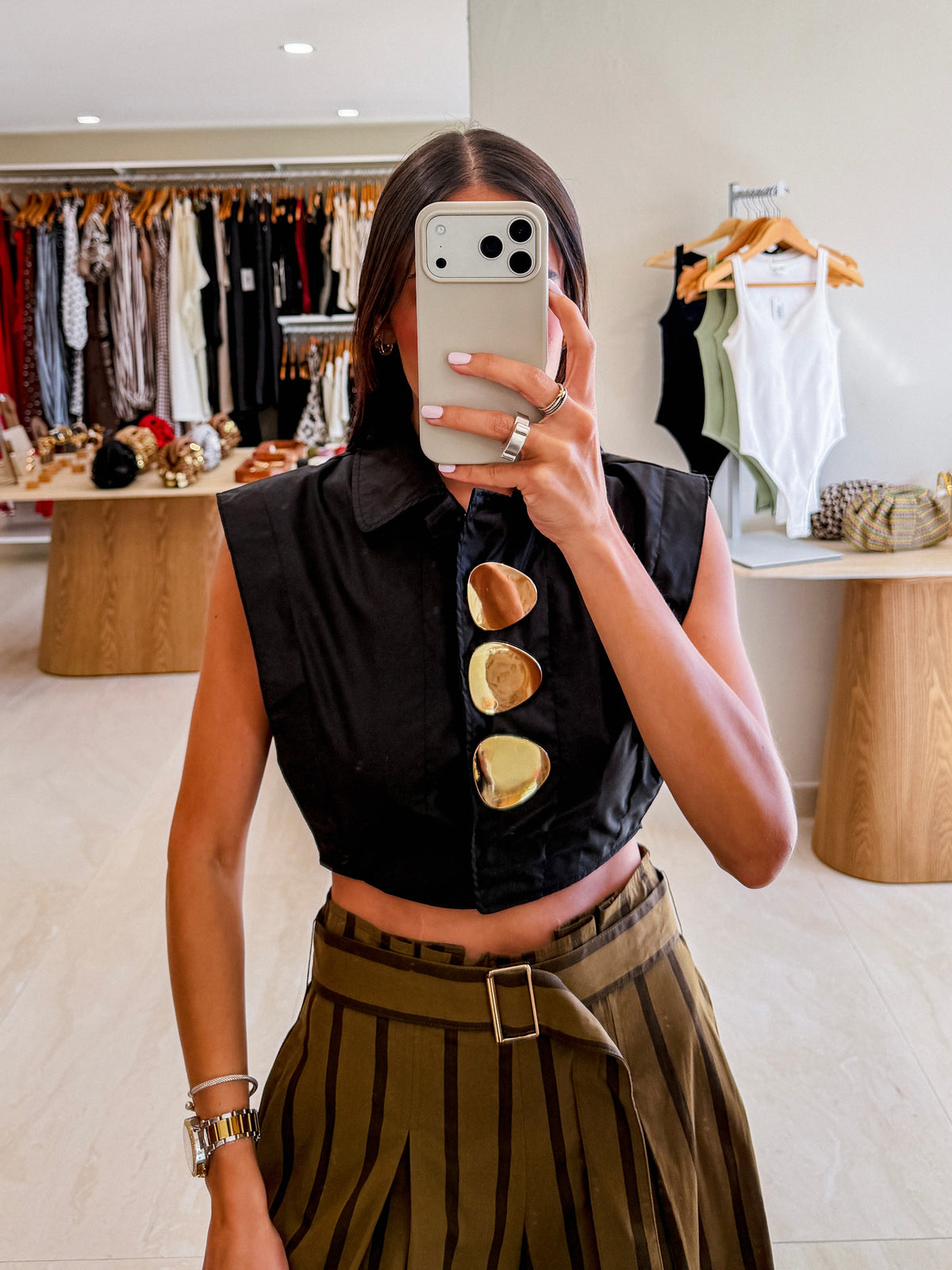 EVE BLACK STATEMENT BUTTONS CROP TOP