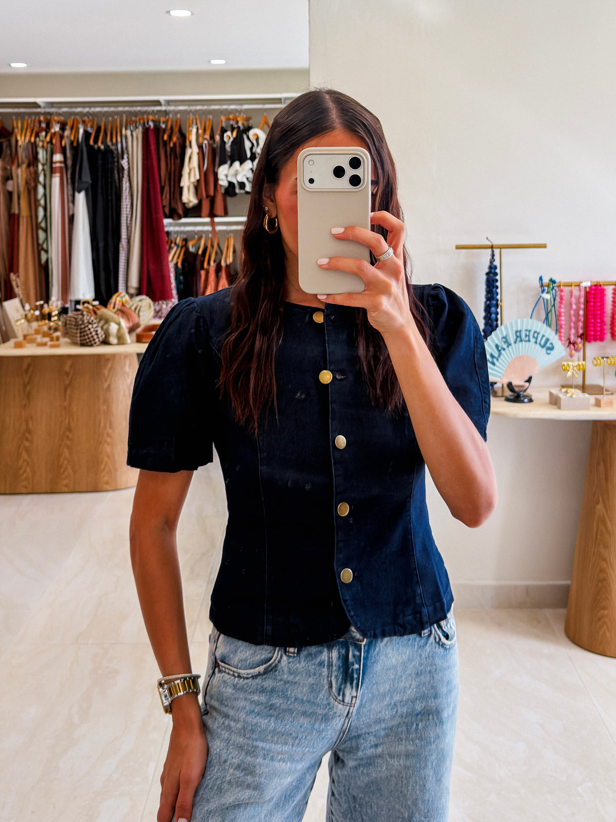 GRACELYN PUFF SLEEVE DENIM BLOUSE