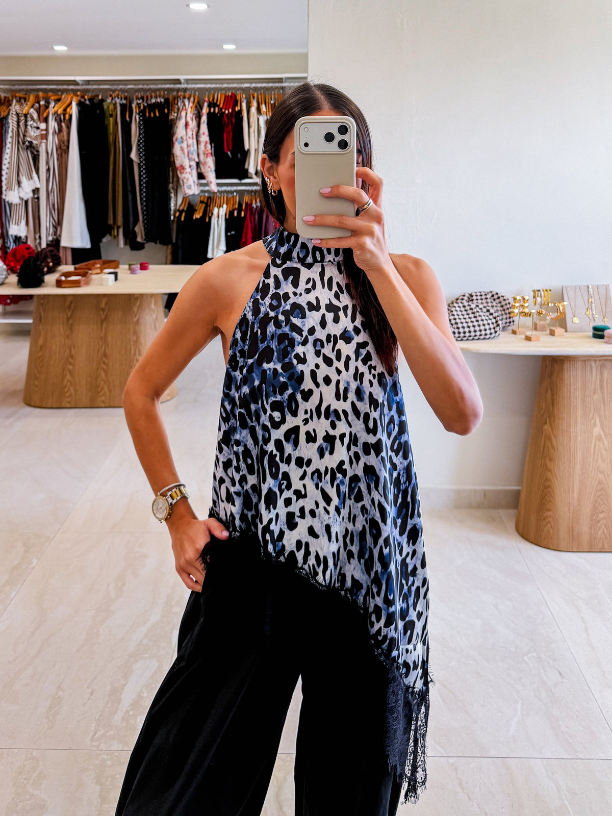 IVONNE NAVY ANIMAL PRINT HALTER TOP