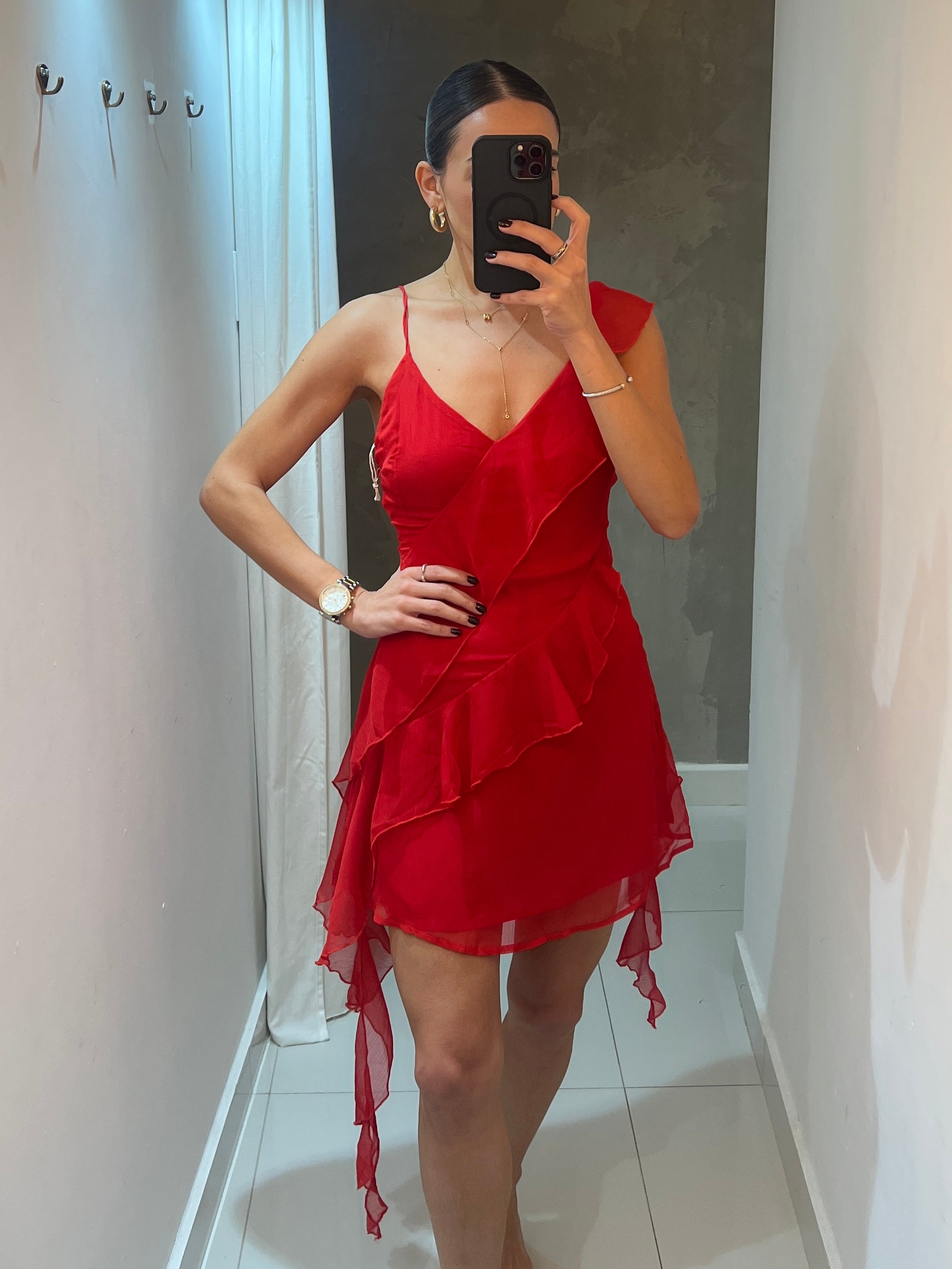 LINA RUFFLE MINI RED DRESS