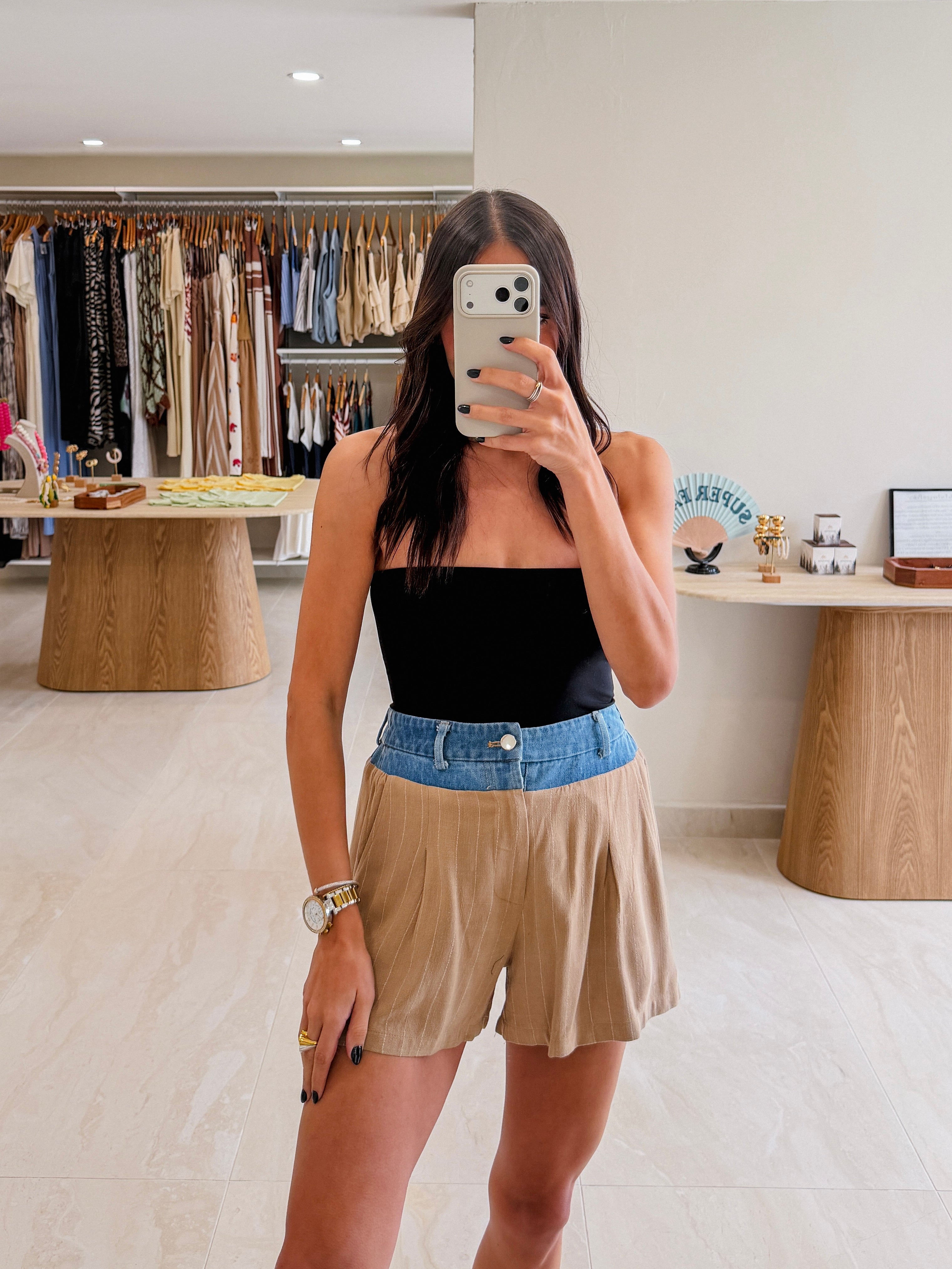 TAUPE CONTRAST WAIST PINSTRIPE SHORTS
