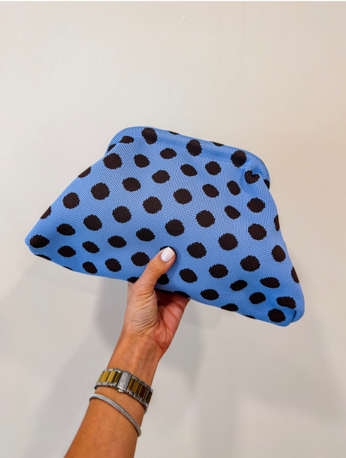 BLUE/BROWN POLKA DOT DUMPLING BAG