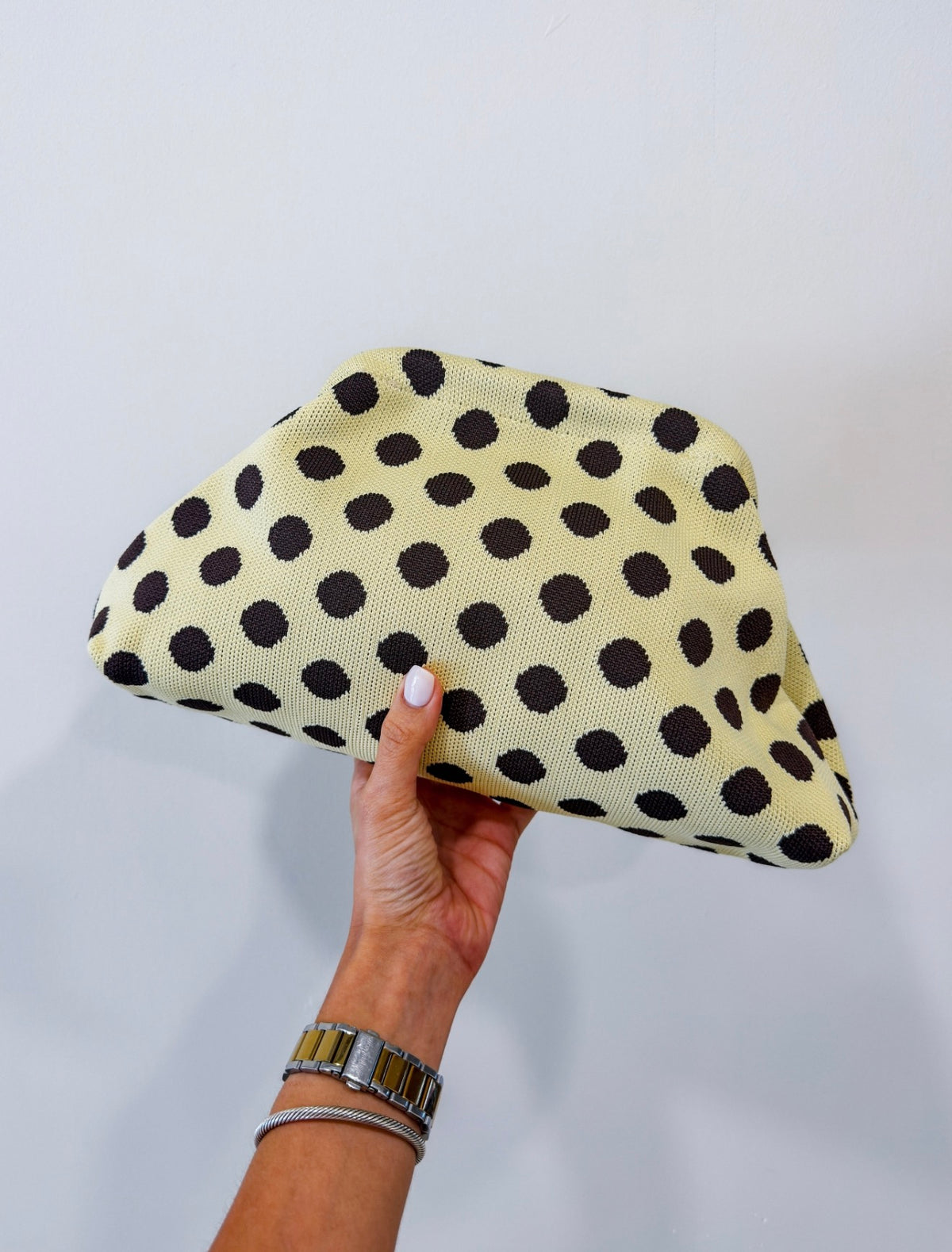 YELLOW/BROWN POLKA DOT DUMPLING BAG