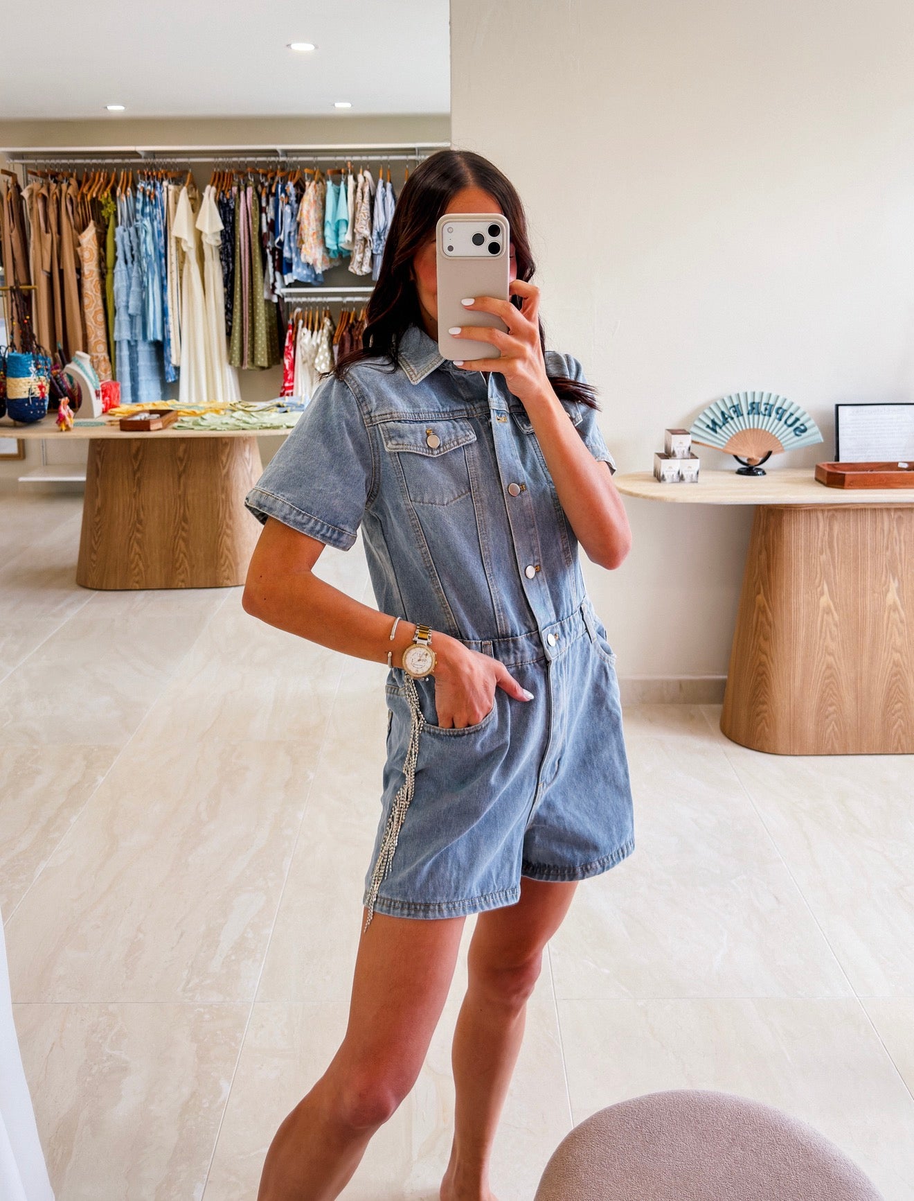 FRINGE POCKETS DENIM ROMPER