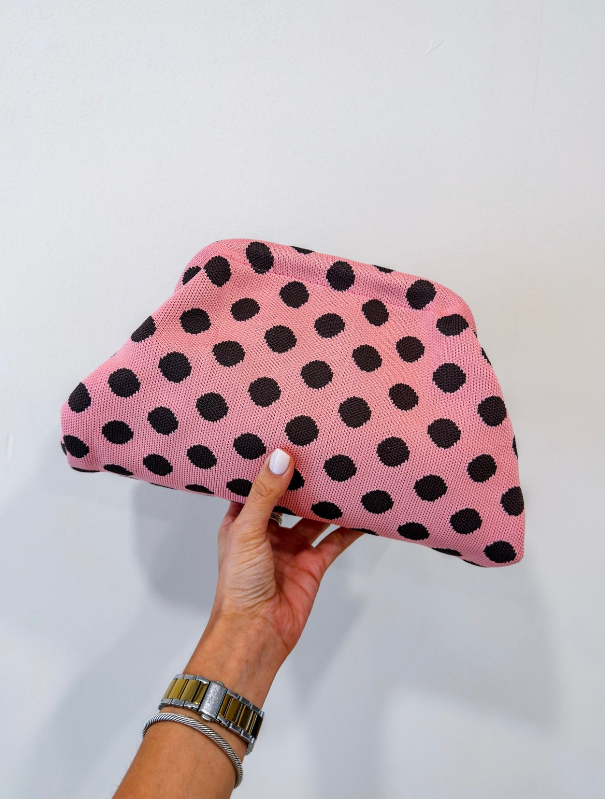 PINK/BROWN POLKA DOT DUMPLING BAG