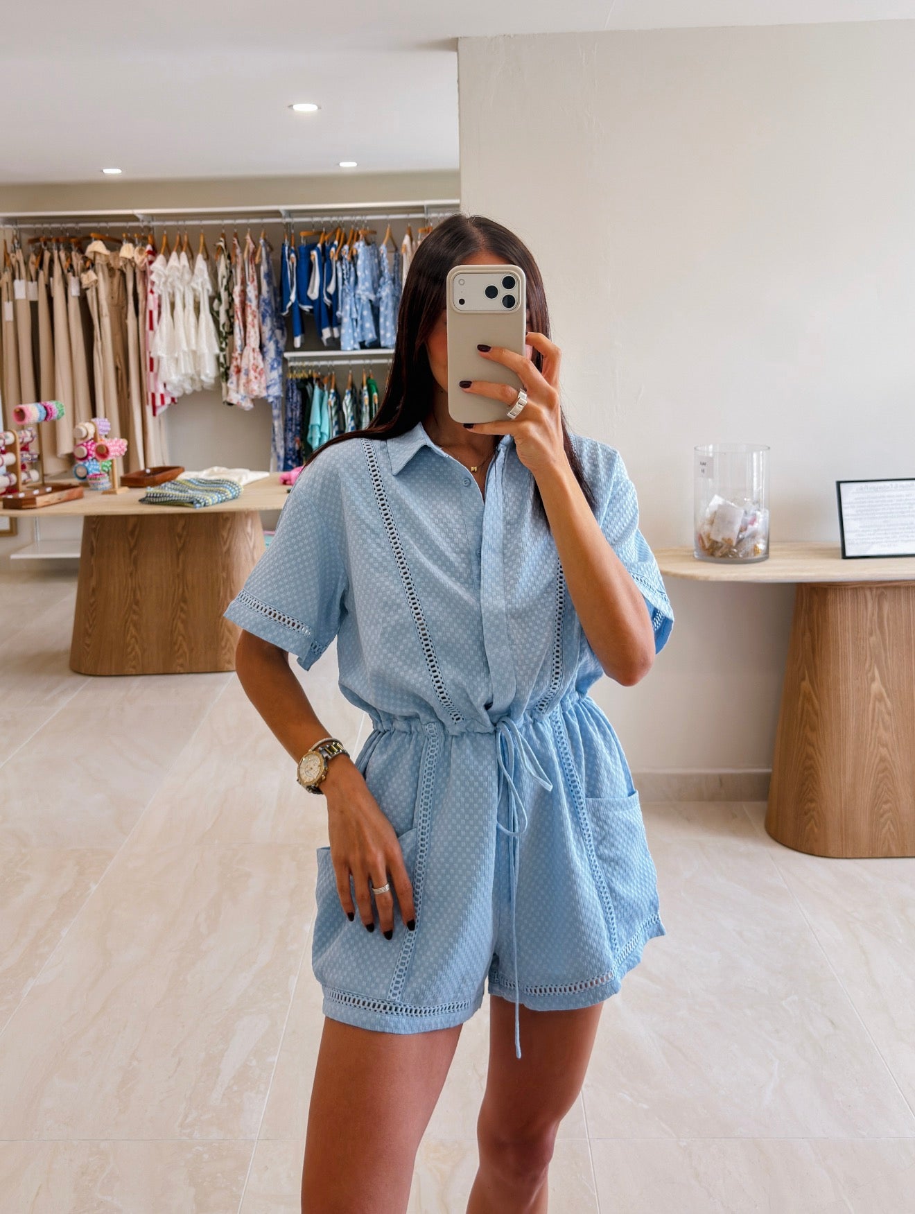 IRENE EYELET DETAIL BLUE ROMPER