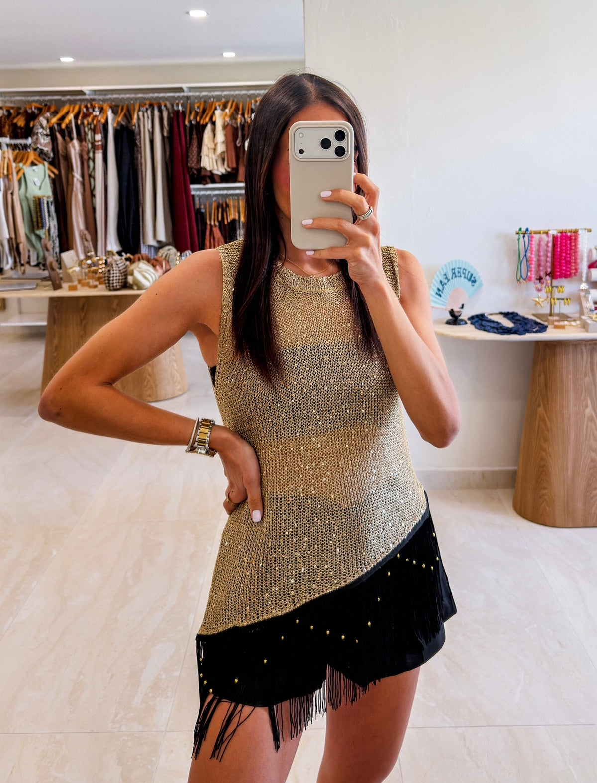 MILENA GOLD BEADED FRINGES SEQUINS KNIT TOP