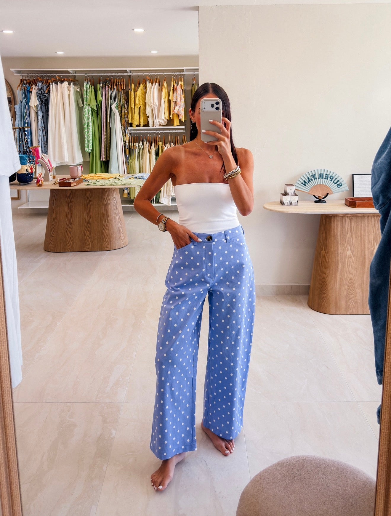 SHAY BLUE POLKA DOT BARREL LEG PANTS