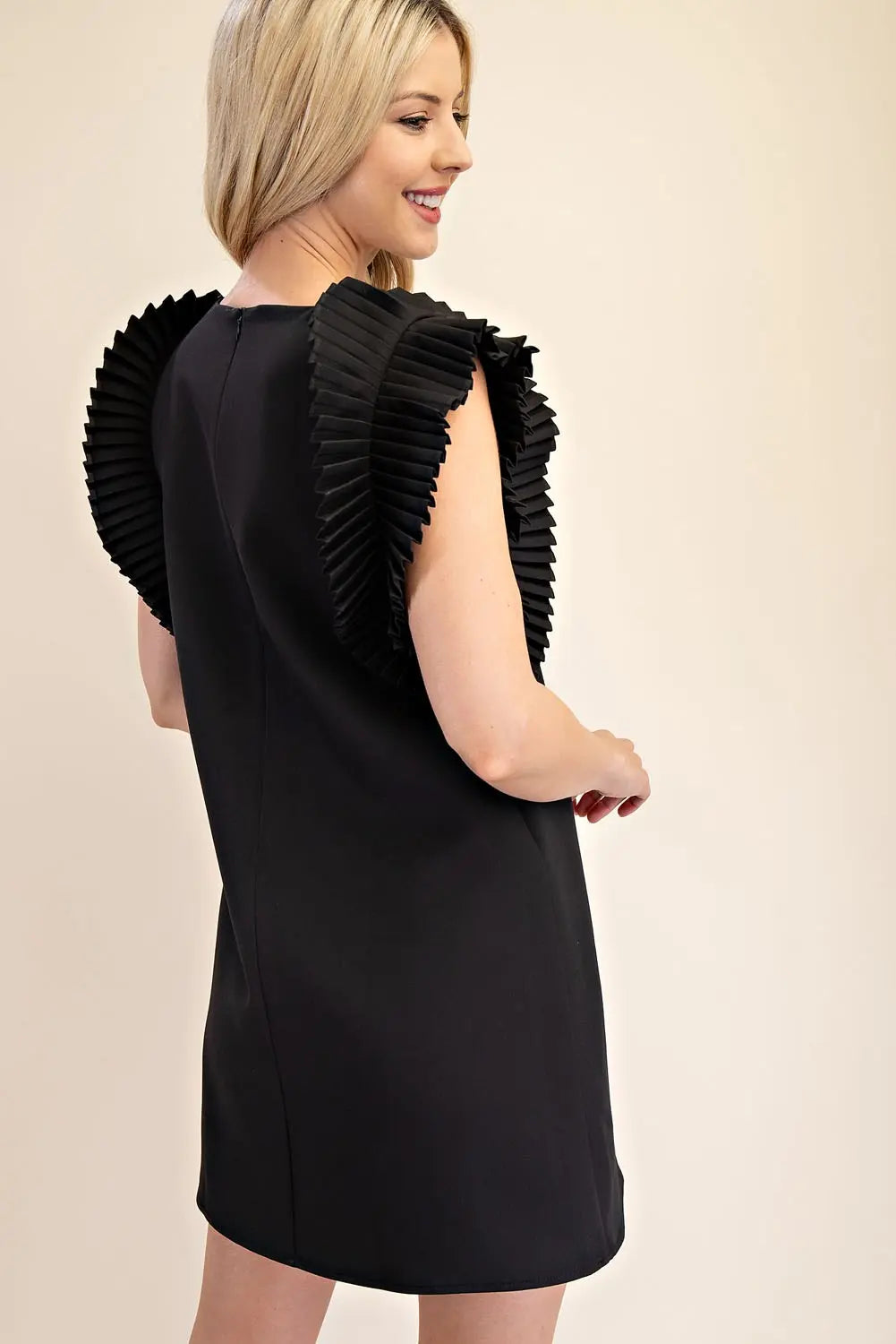 CINDY PLEATED SLEEVE BLACK DRESS