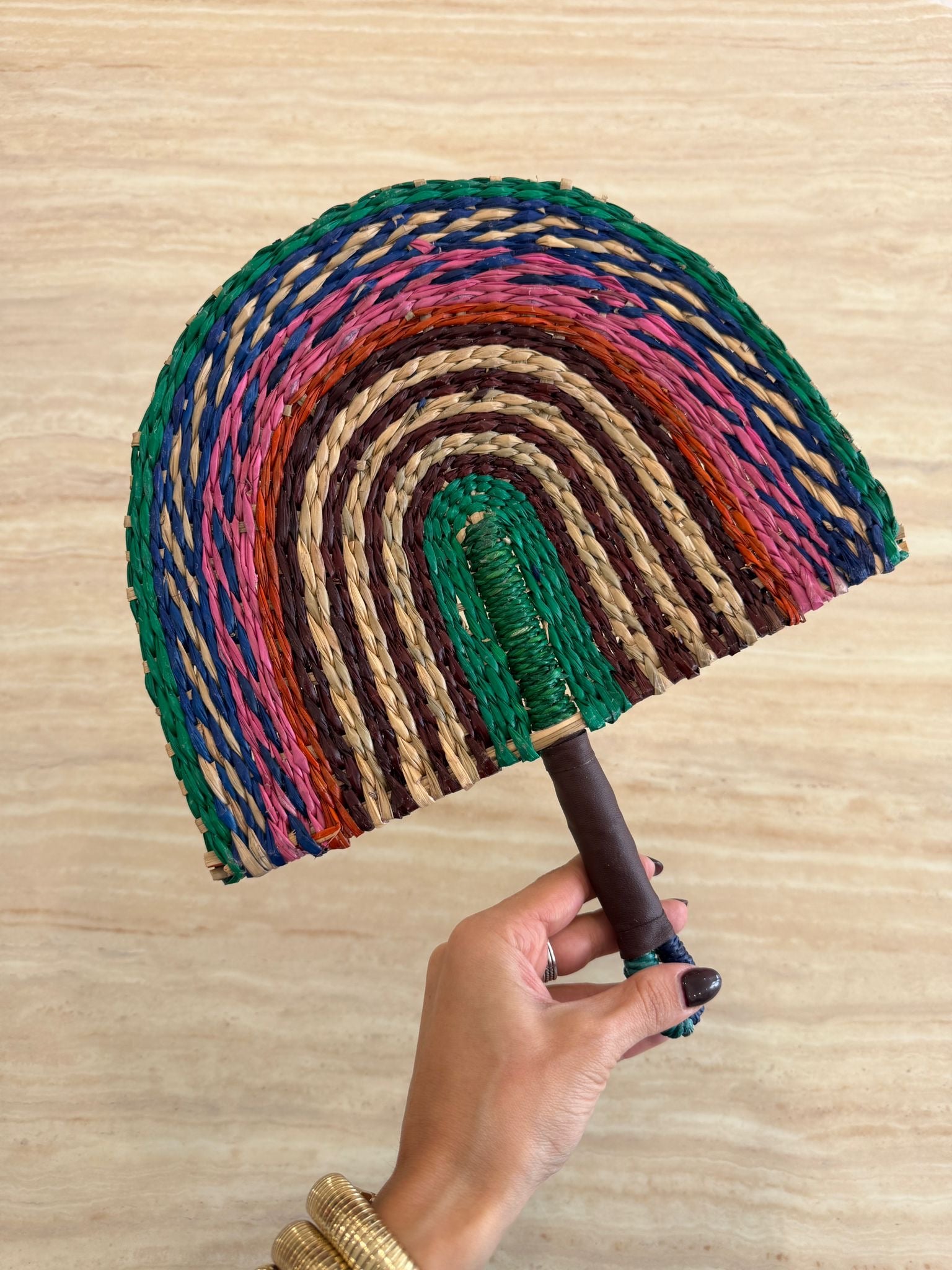 HANDWOVEN STATEMENT FAN - LEATHER HANDLE