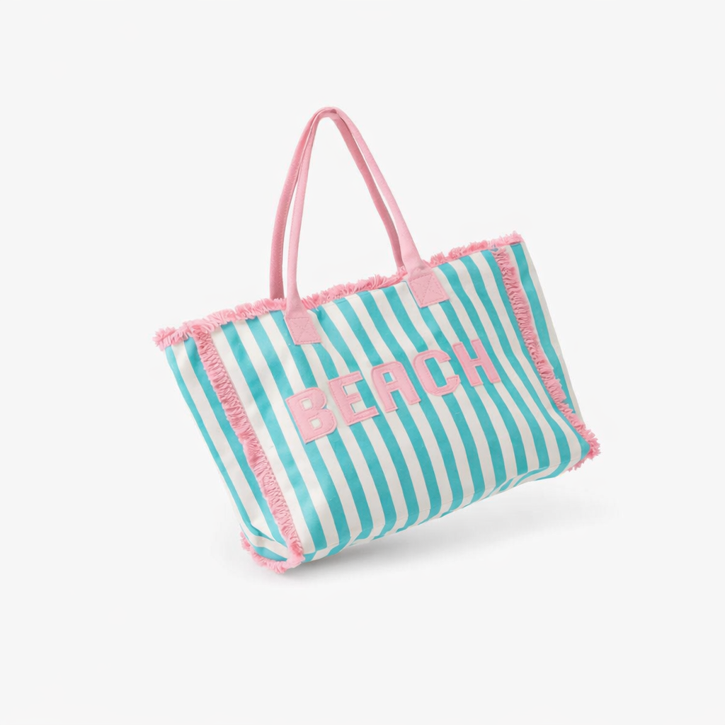 BEACH BABE TERRY CLOTH STRIPED TOTE BAG IN BLUE