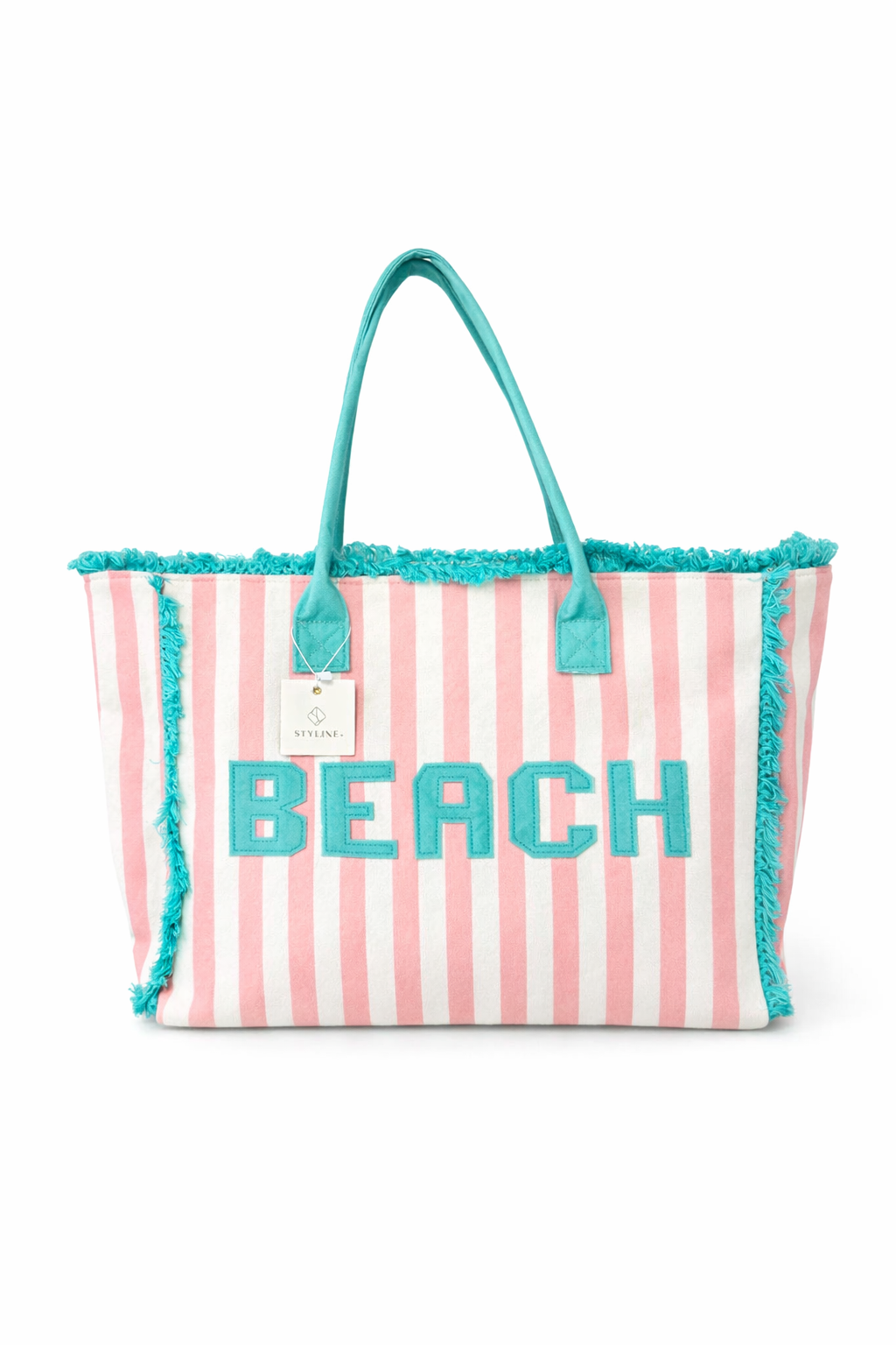 BEACH BABE TERRY CLOTH STRIPED TOTE BAG IN PINK