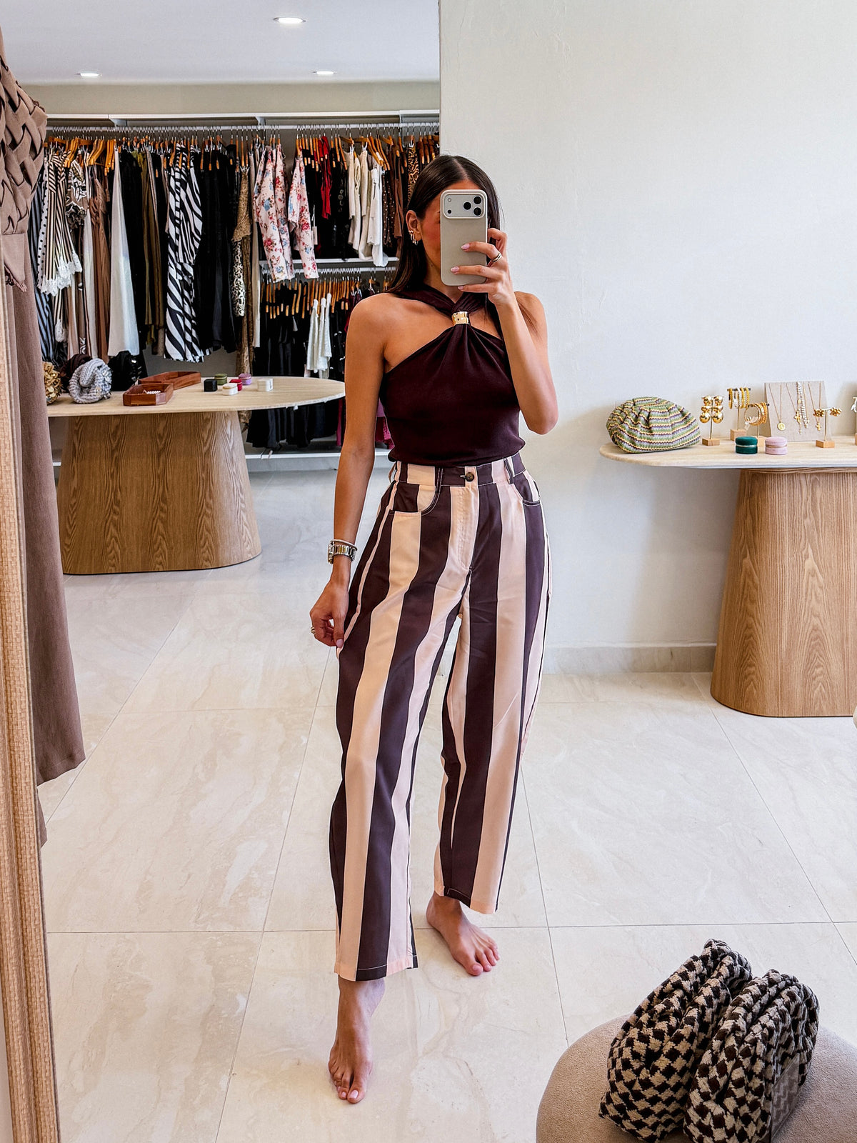 AURA IVORY/BROWN STRIPED PANTS