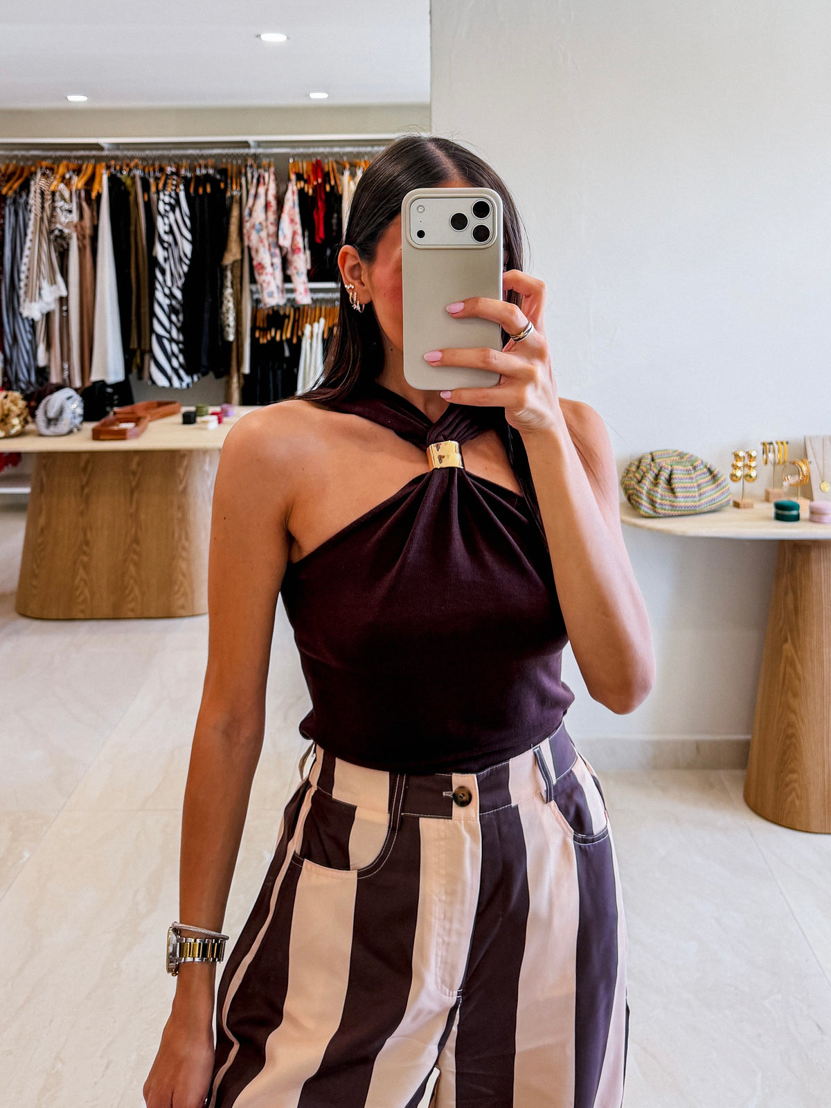 FLOR HALTER BROWN KNIT TOP