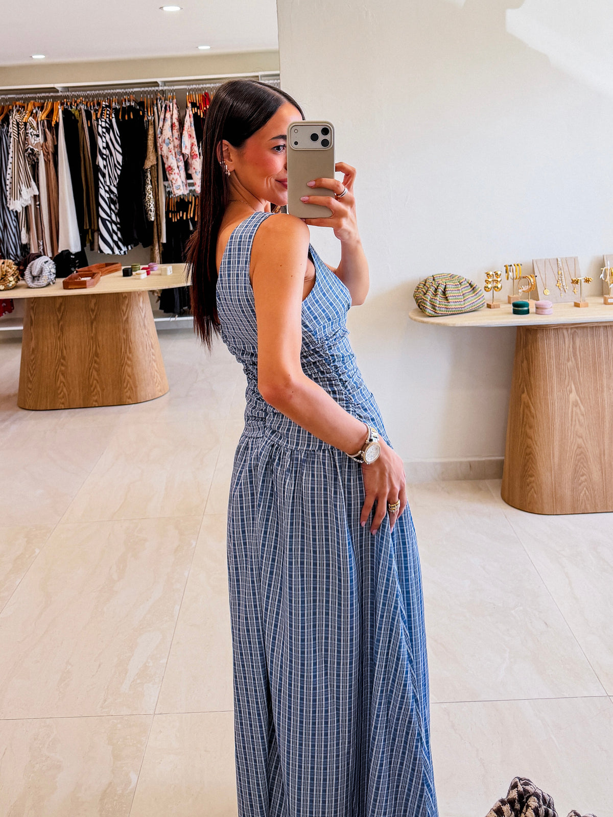 AMIRA PLAID BLUE MAXI DRESS