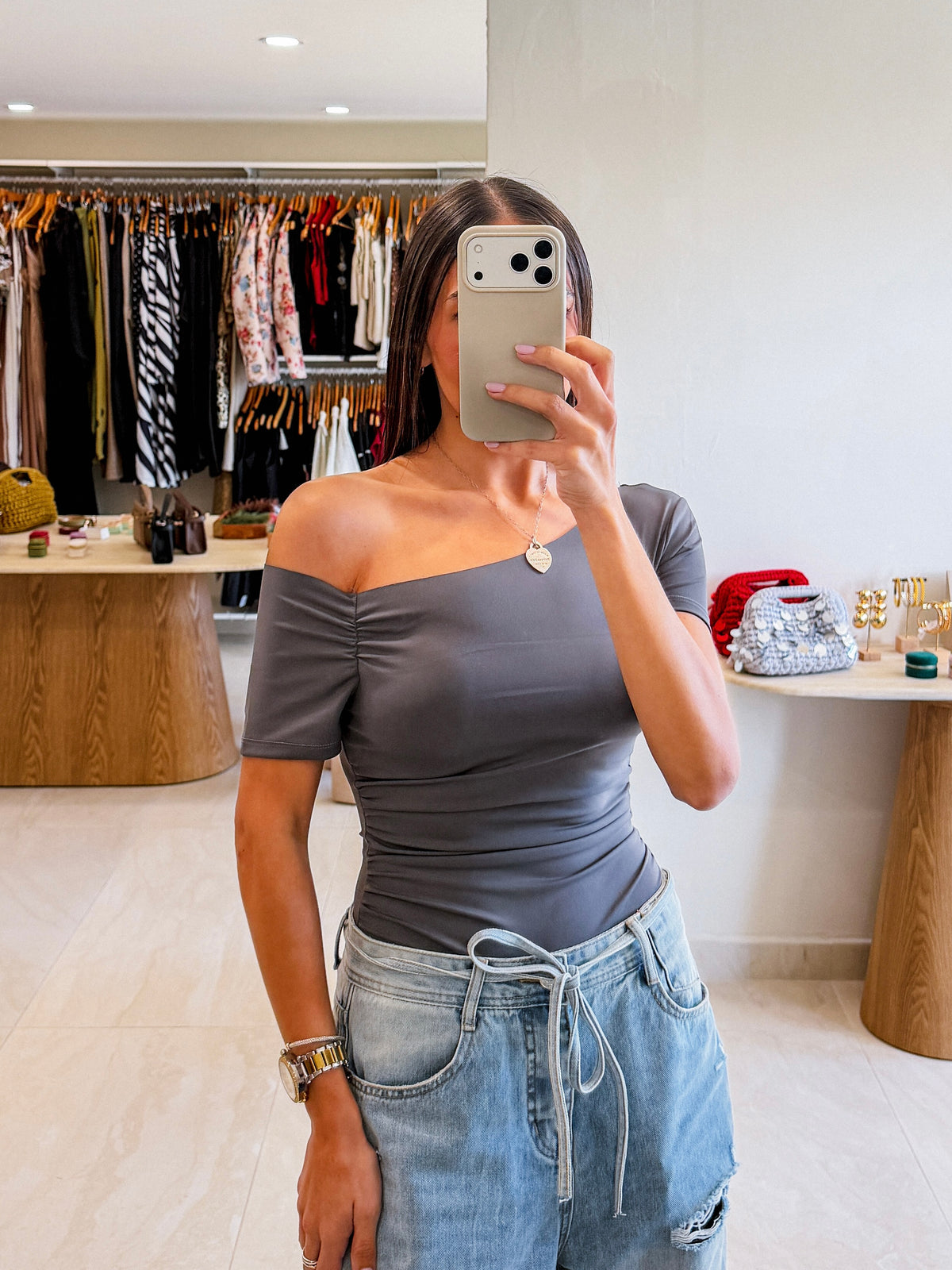 CHARCOAL OFF SHOULDER SLEEVE BODYSUIT