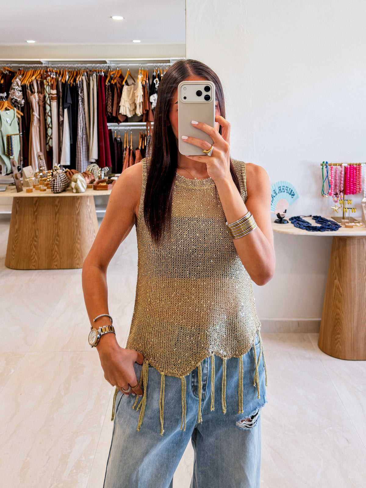 GOLD KNIT SEQUINS TOP WITH FRINGE DETAIL