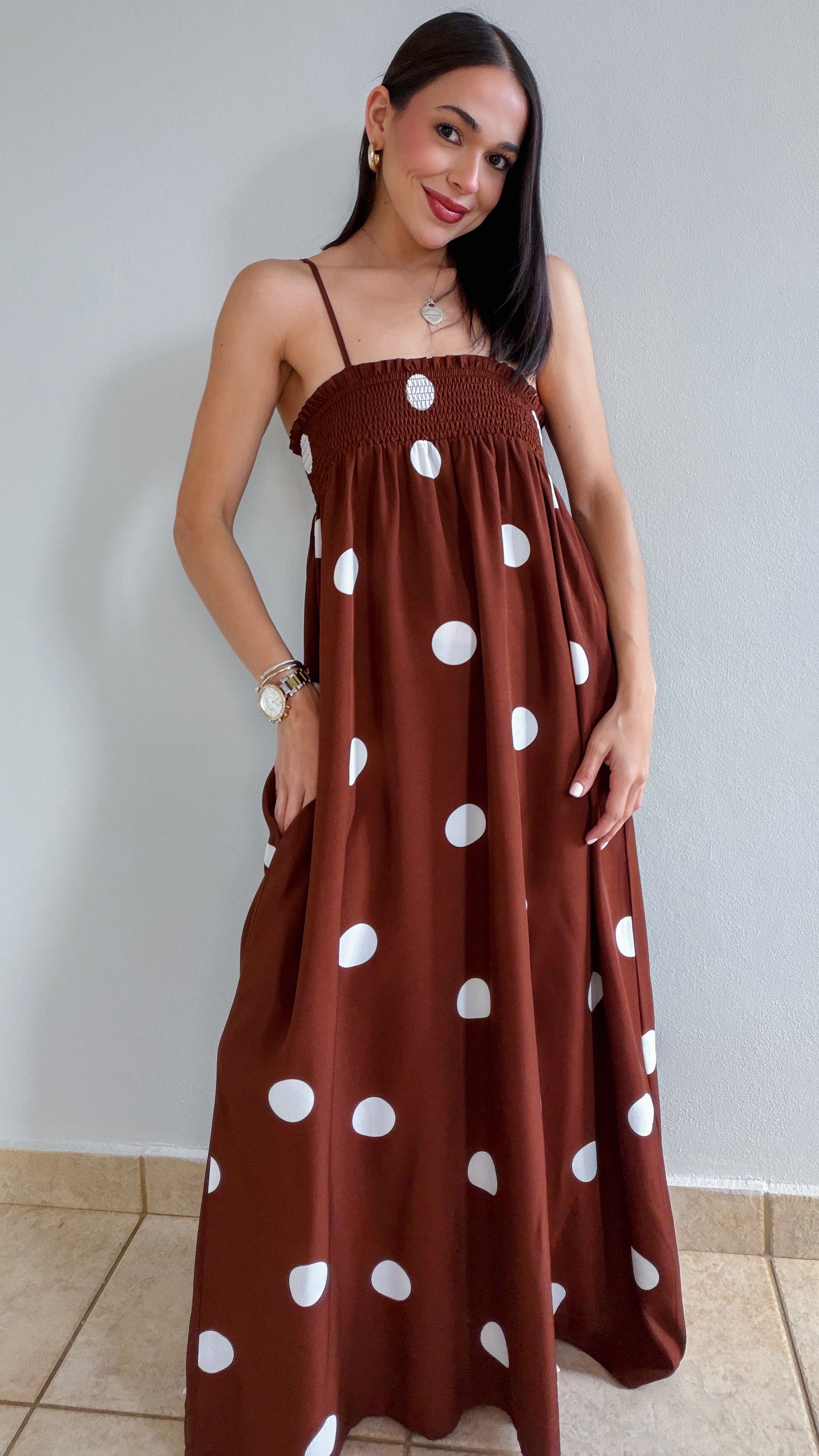 ARALINA BROWN POLKA DOT MAXI DRESS