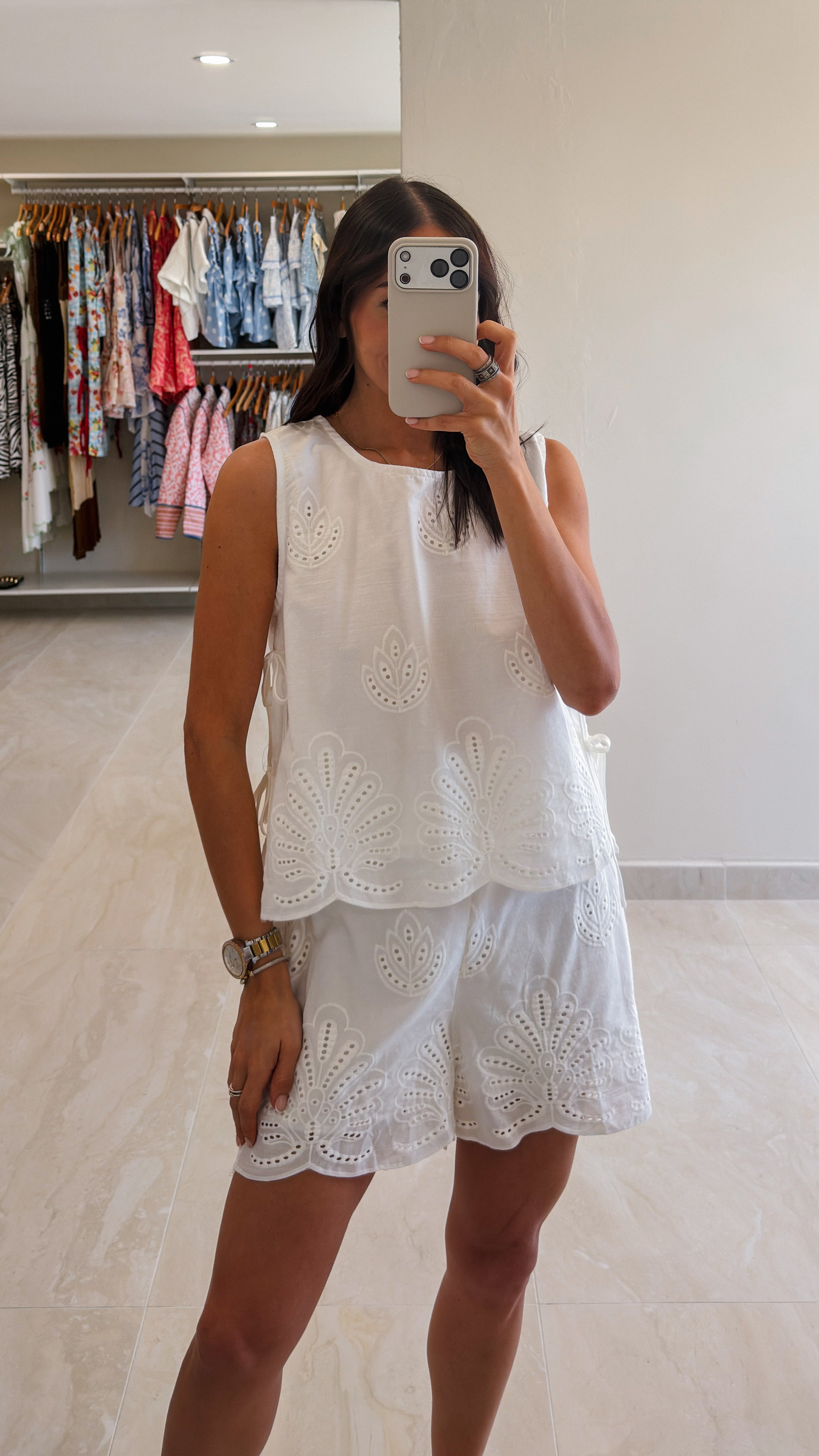 IVANNA WHITE EYELET SHORTS SET