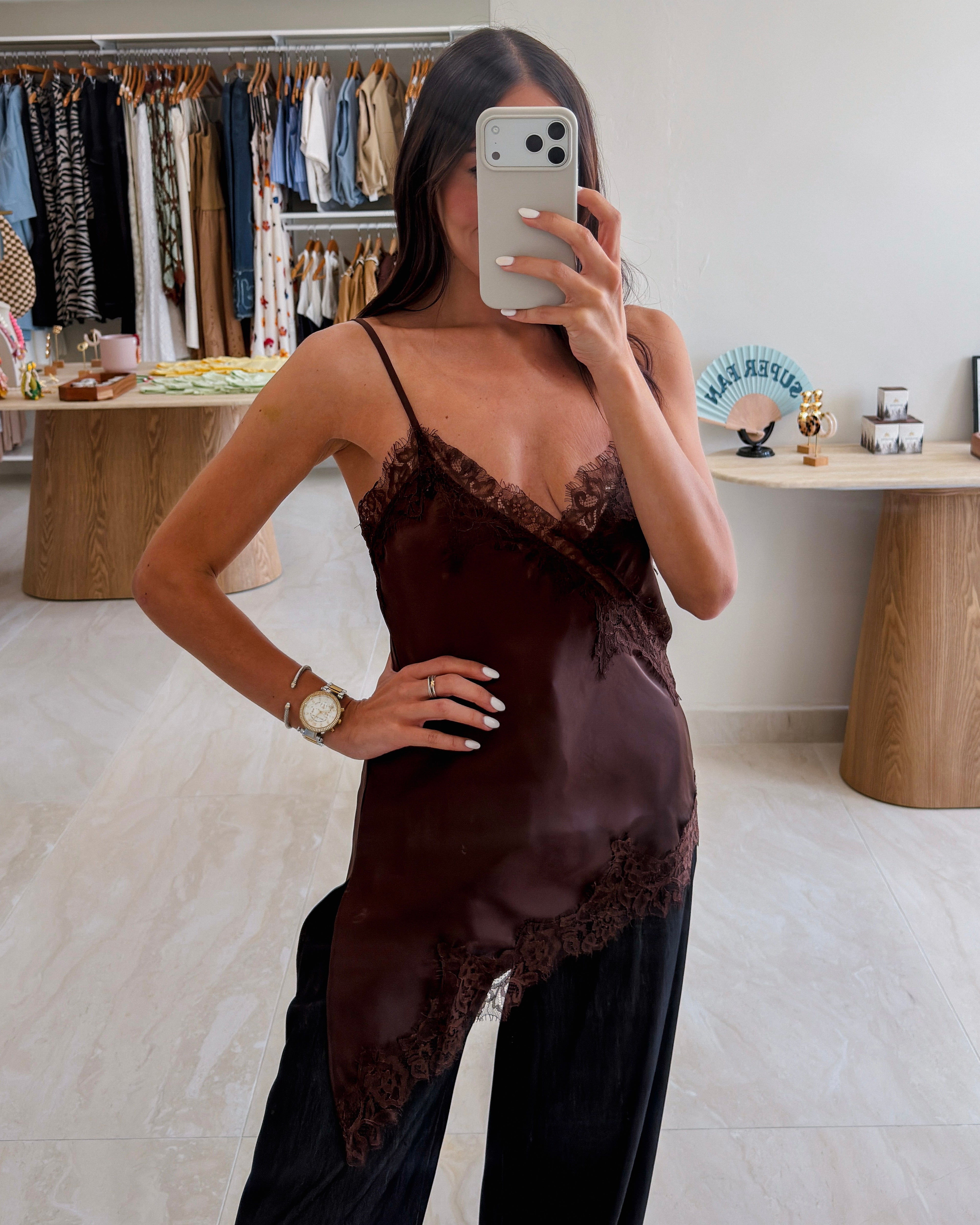 CLARISSA BROWN LACE/SATIN CAMI TOP